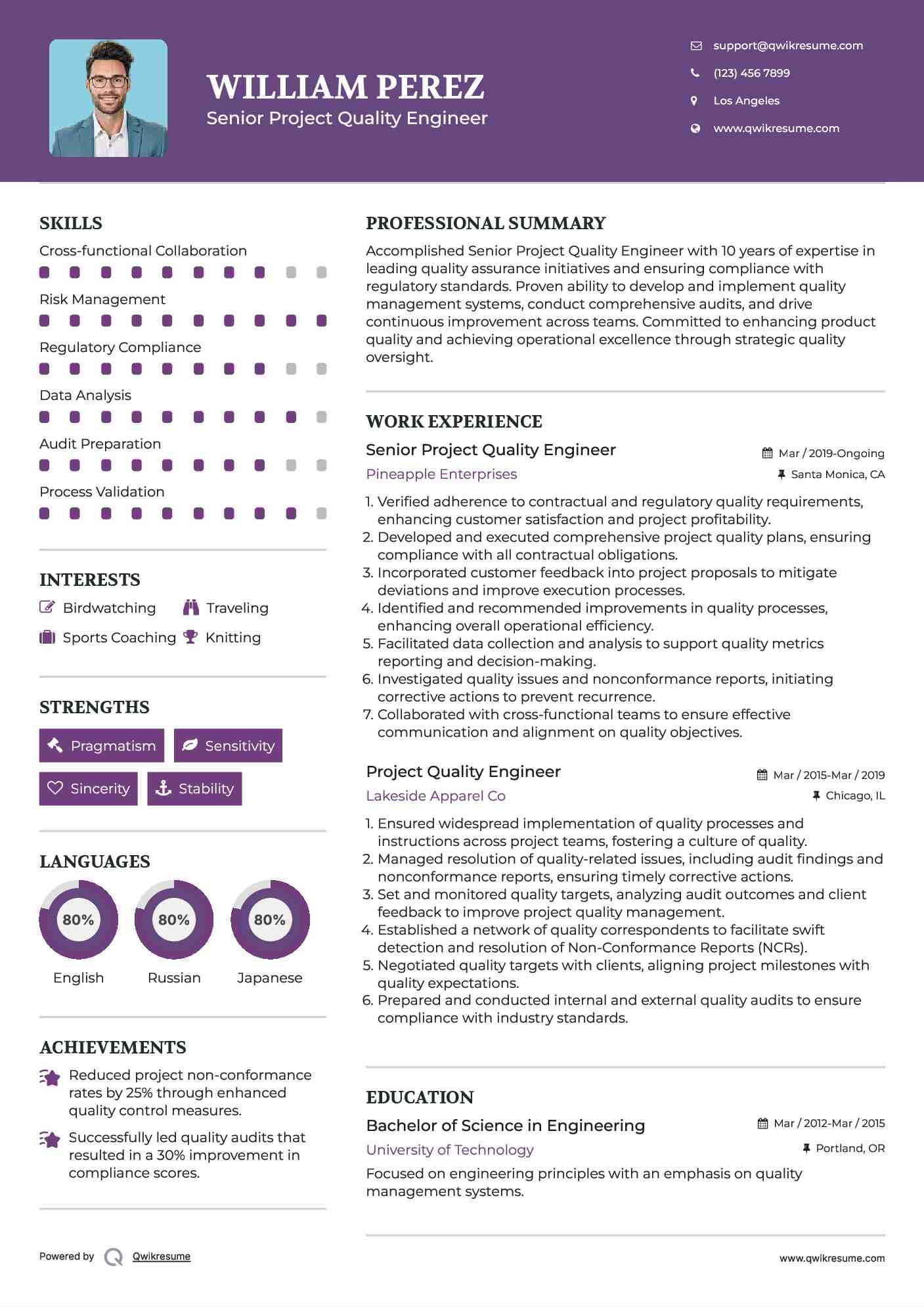 Senior Project Quality Engineer  Resume Format
