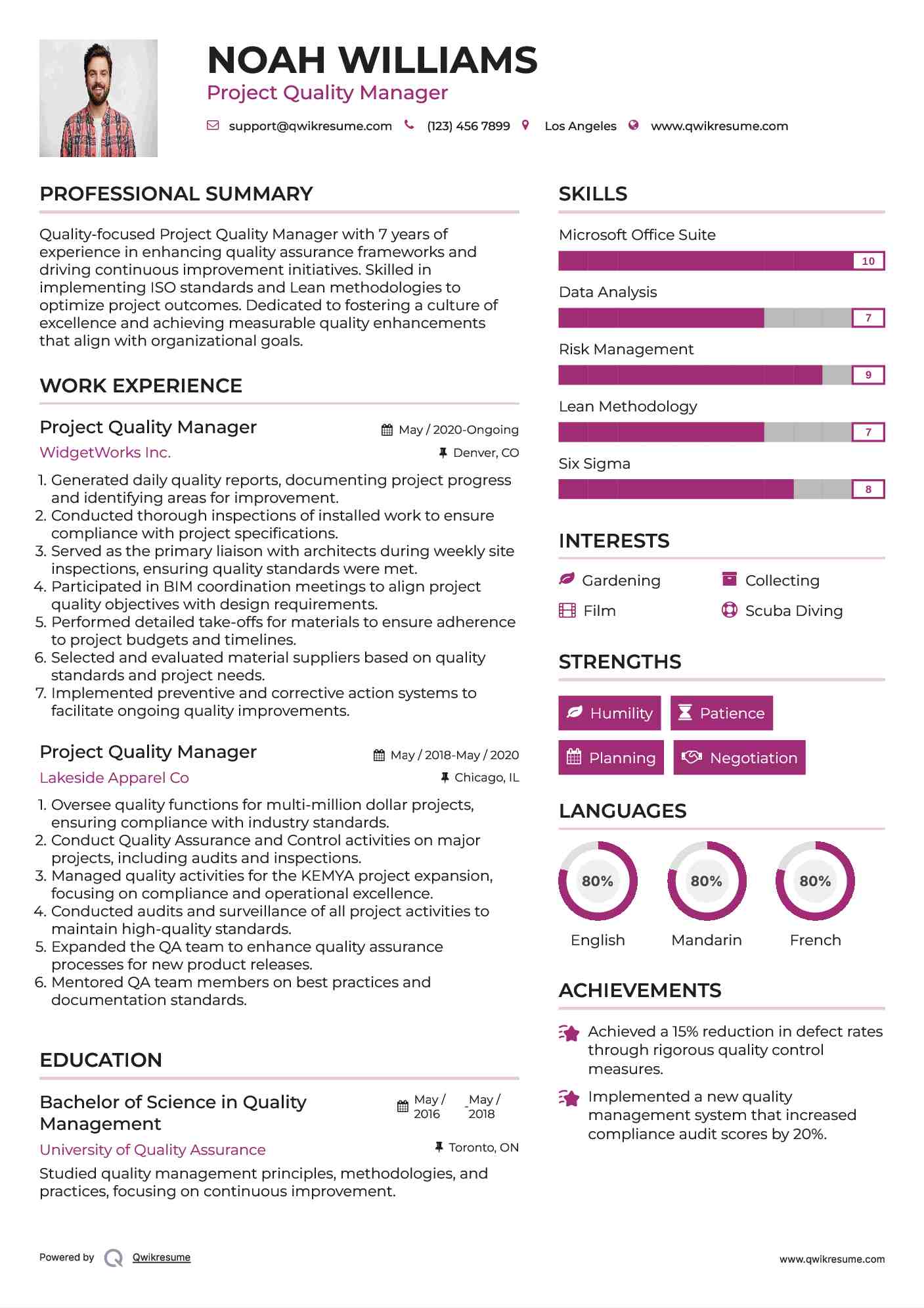 Project Quality Manager Resume Example