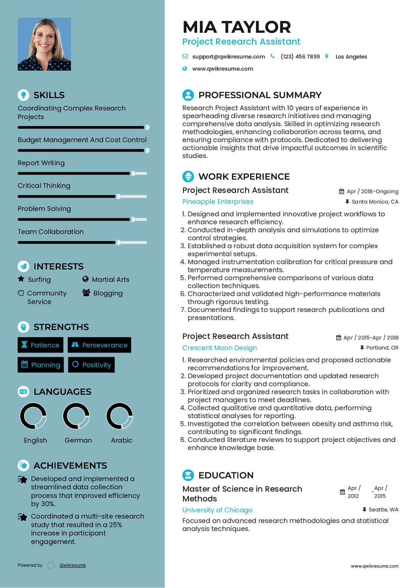 Project Research Assistant Resume Format