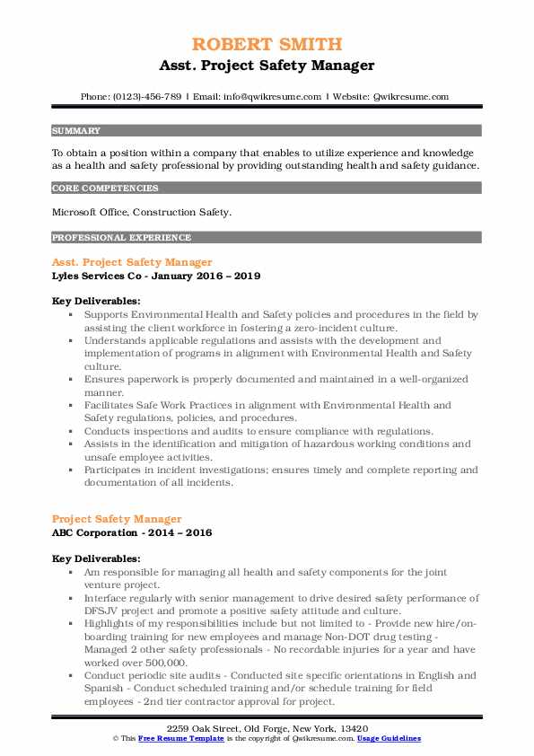 Project Safety Manager Resume Samples QwikResume
