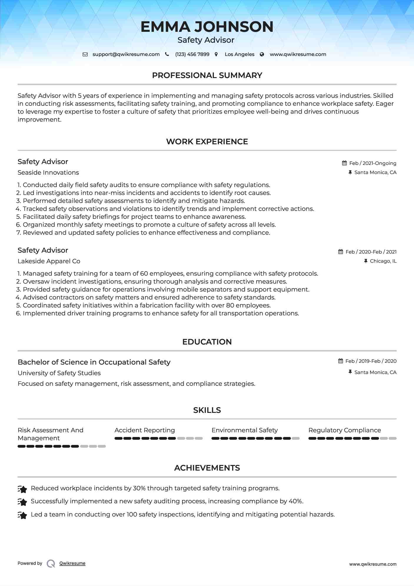Safety Advisor  Resume Template