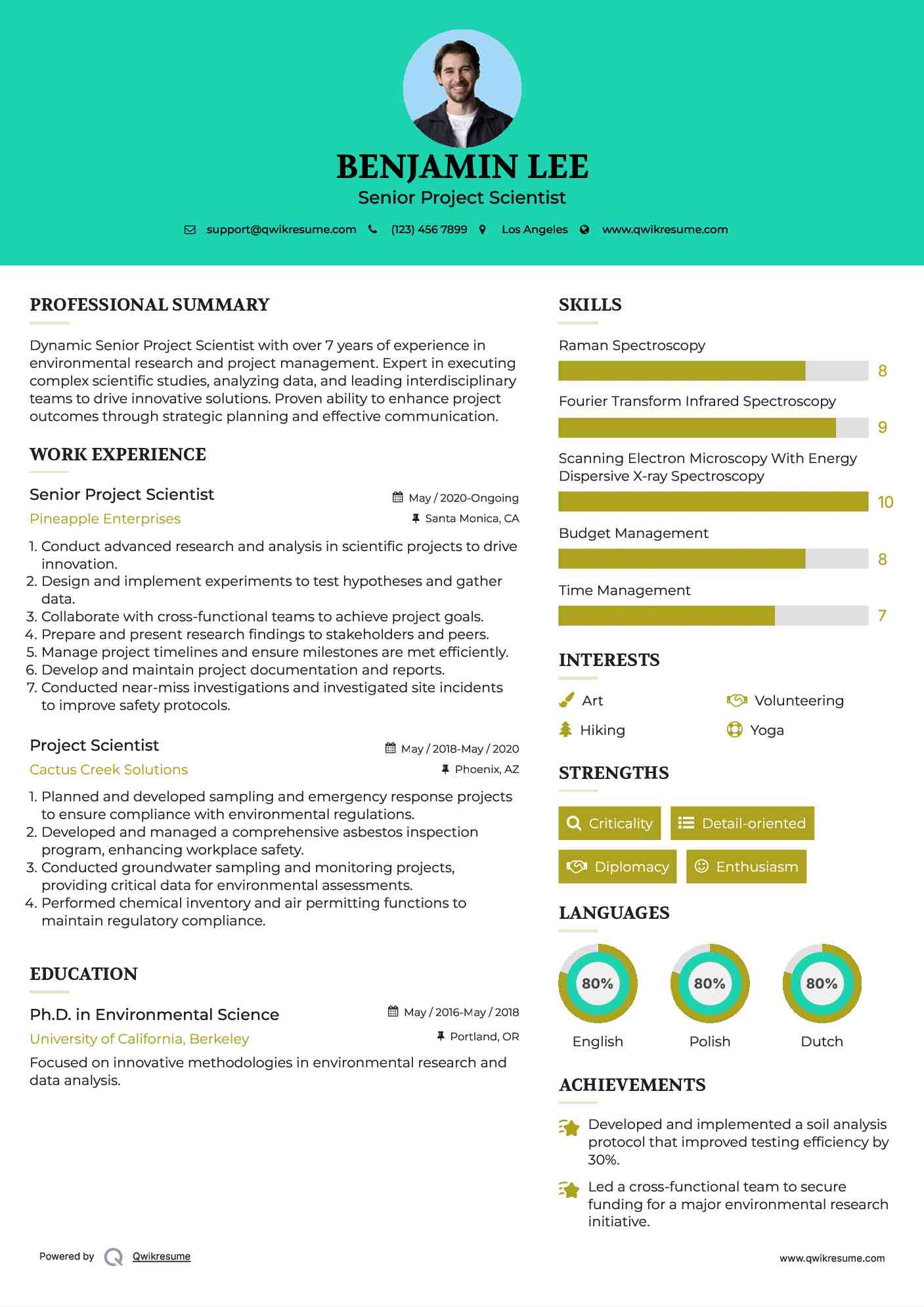 Senior Project Scientist Resume Sample