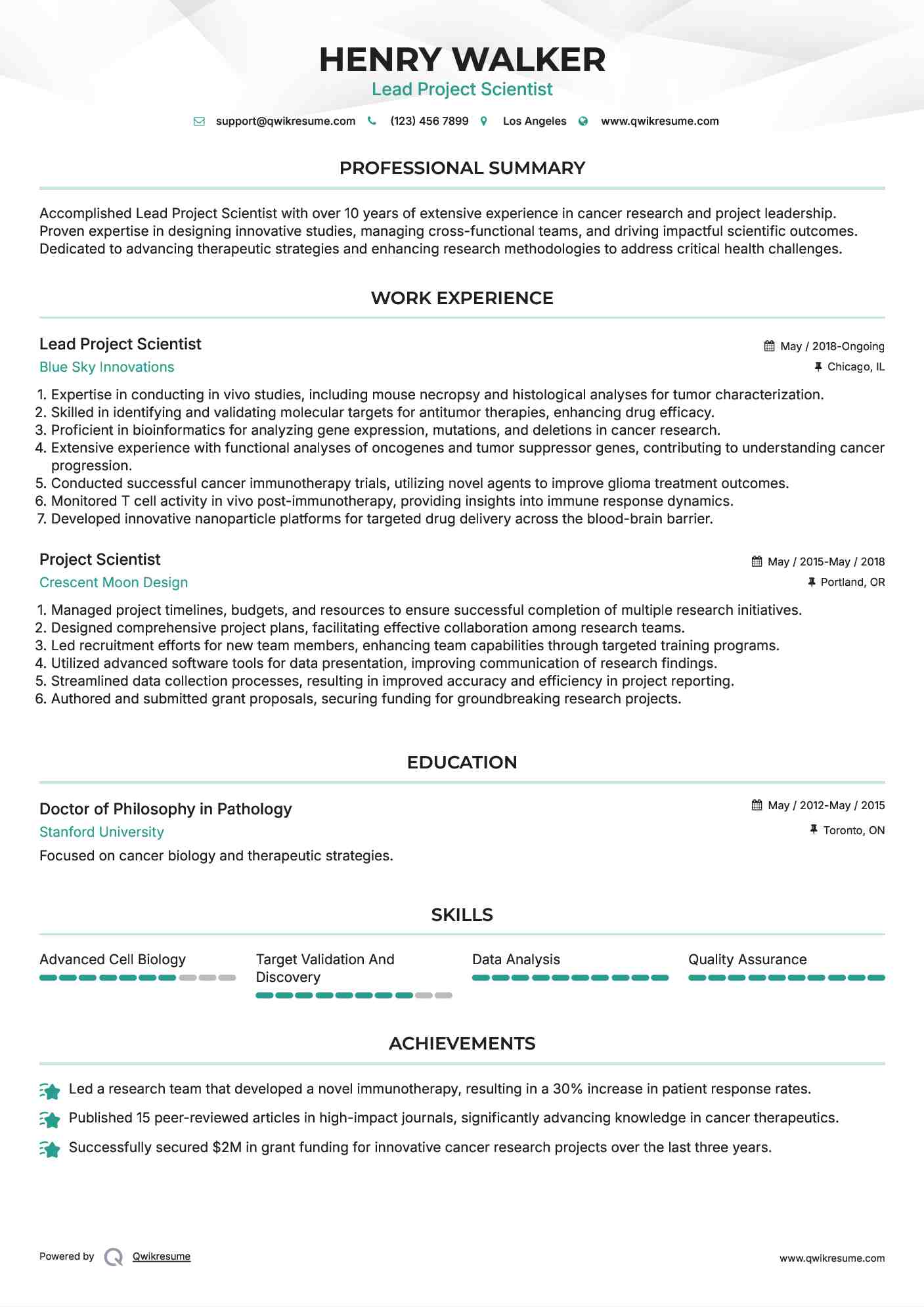 Lead Project Scientist Resume Example