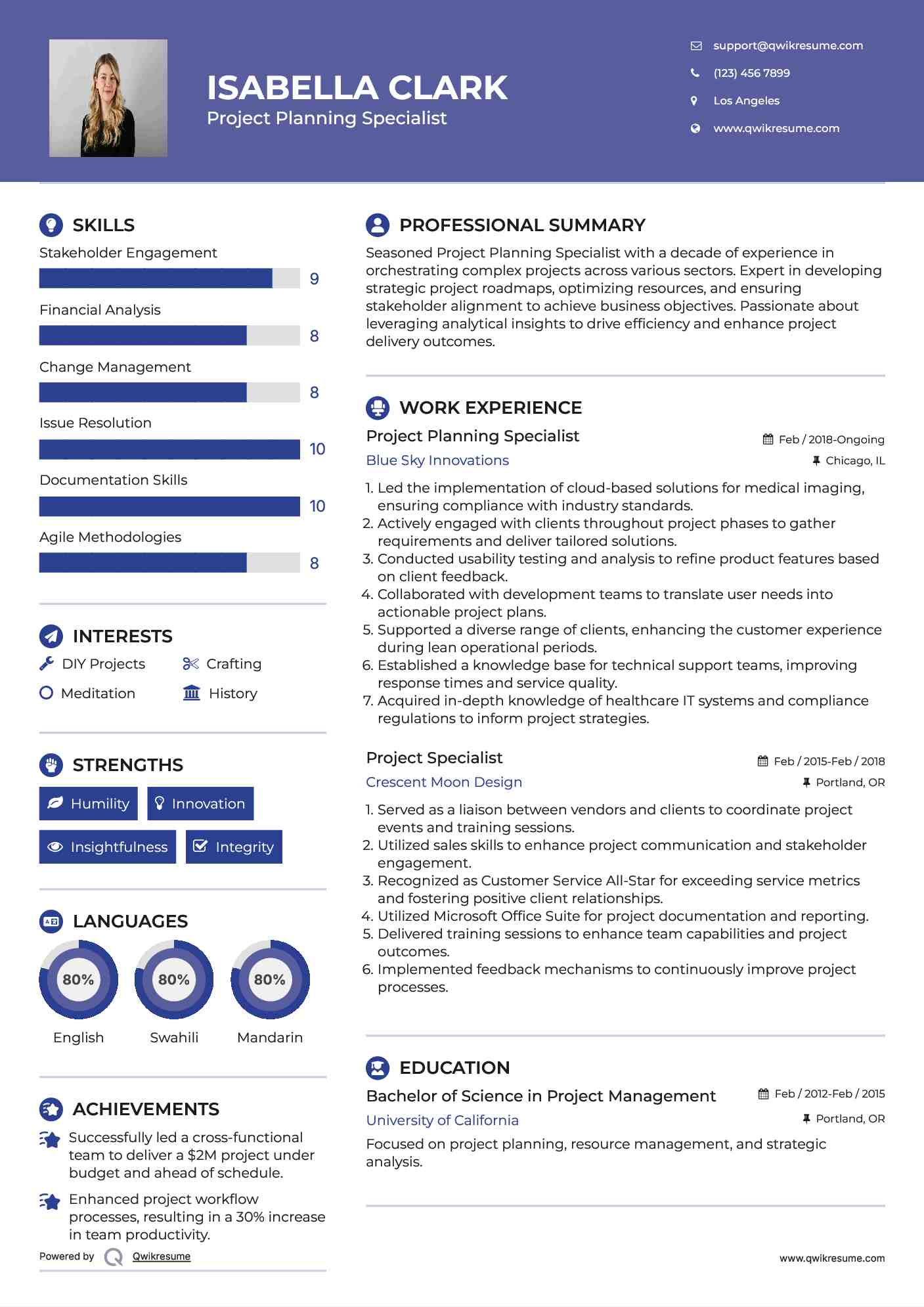 Project Planning Specialist Resume Template