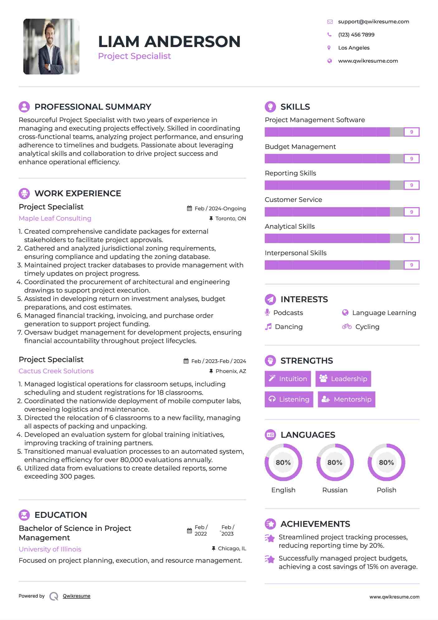 Project Specialist Resume Sample