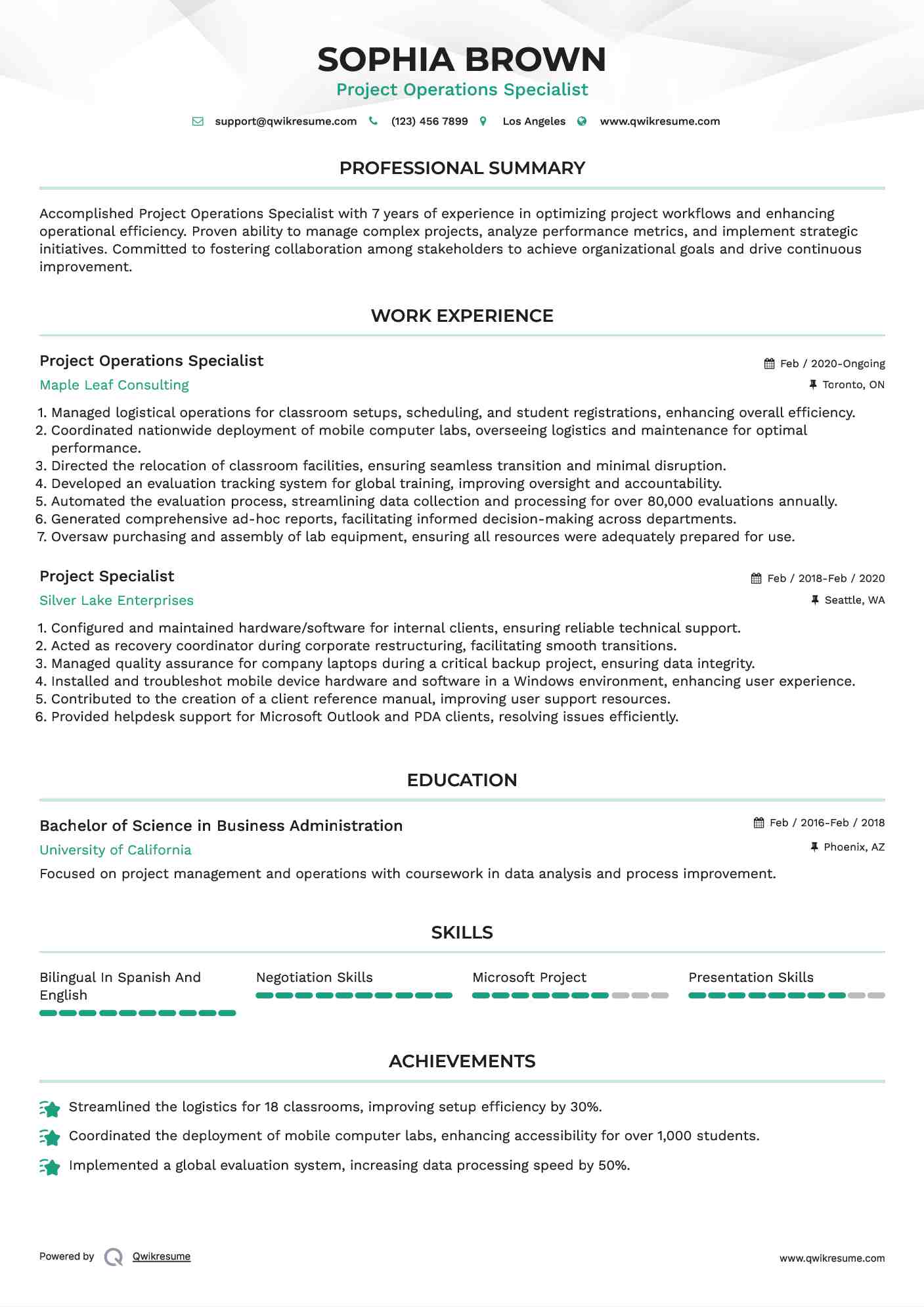 Project Operations Specialist Resume Model