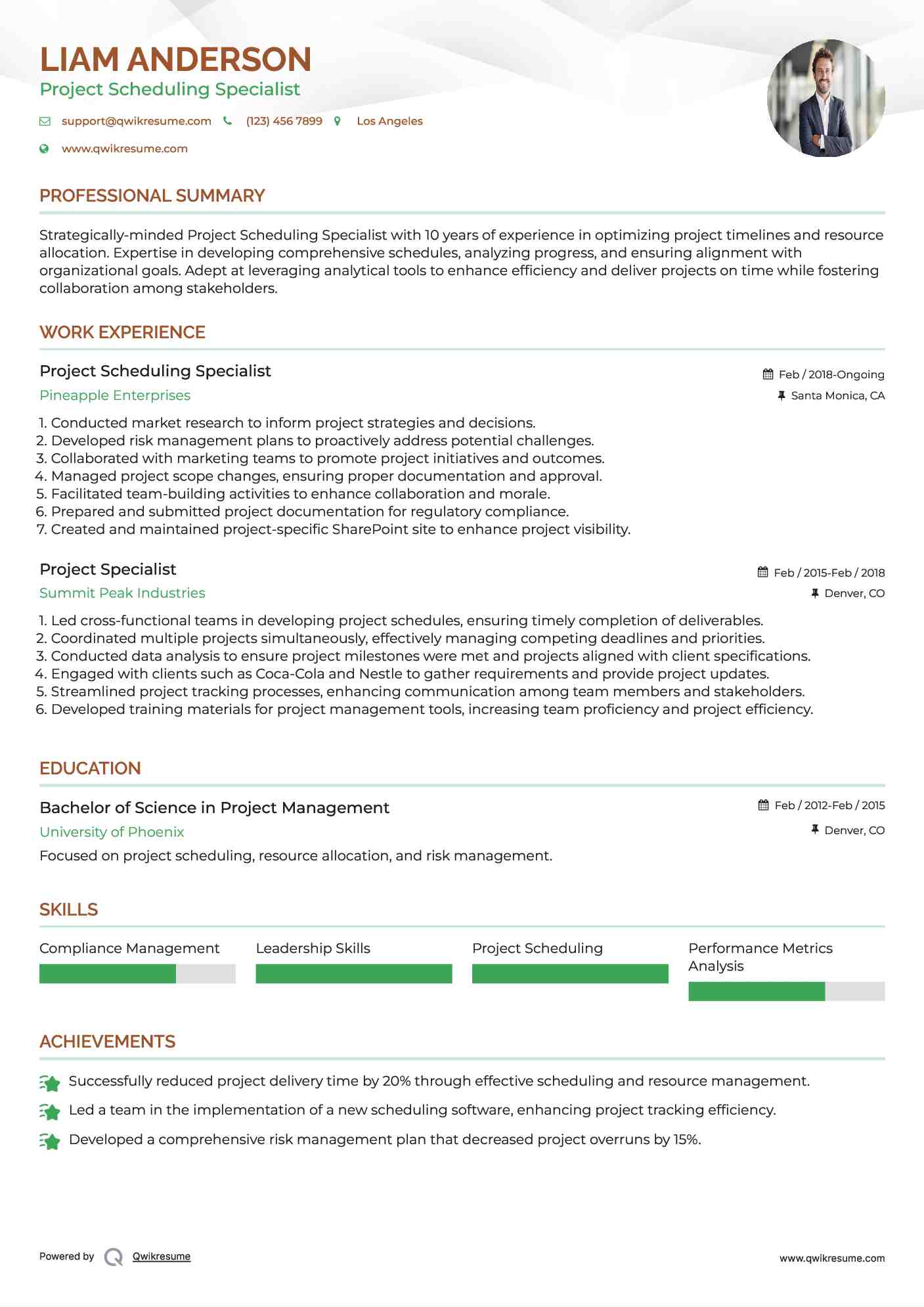 Project Scheduling Specialist Resume Model