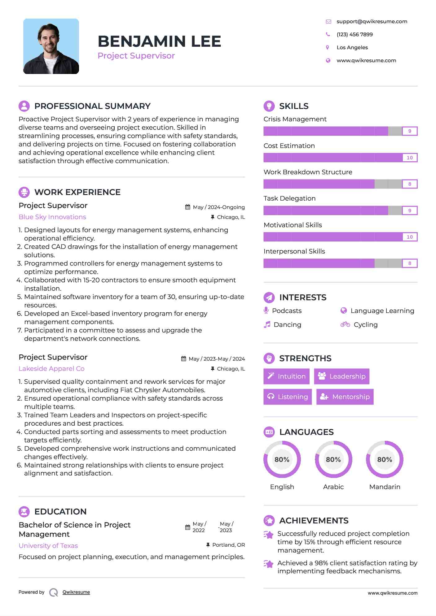 Project Supervisor Resume Example