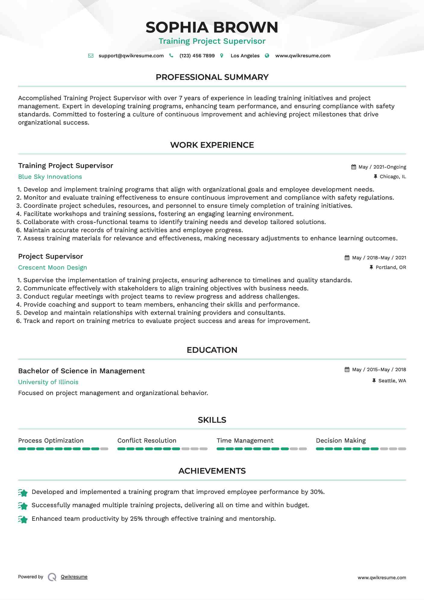 Training Project Supervisor
 Resume Template