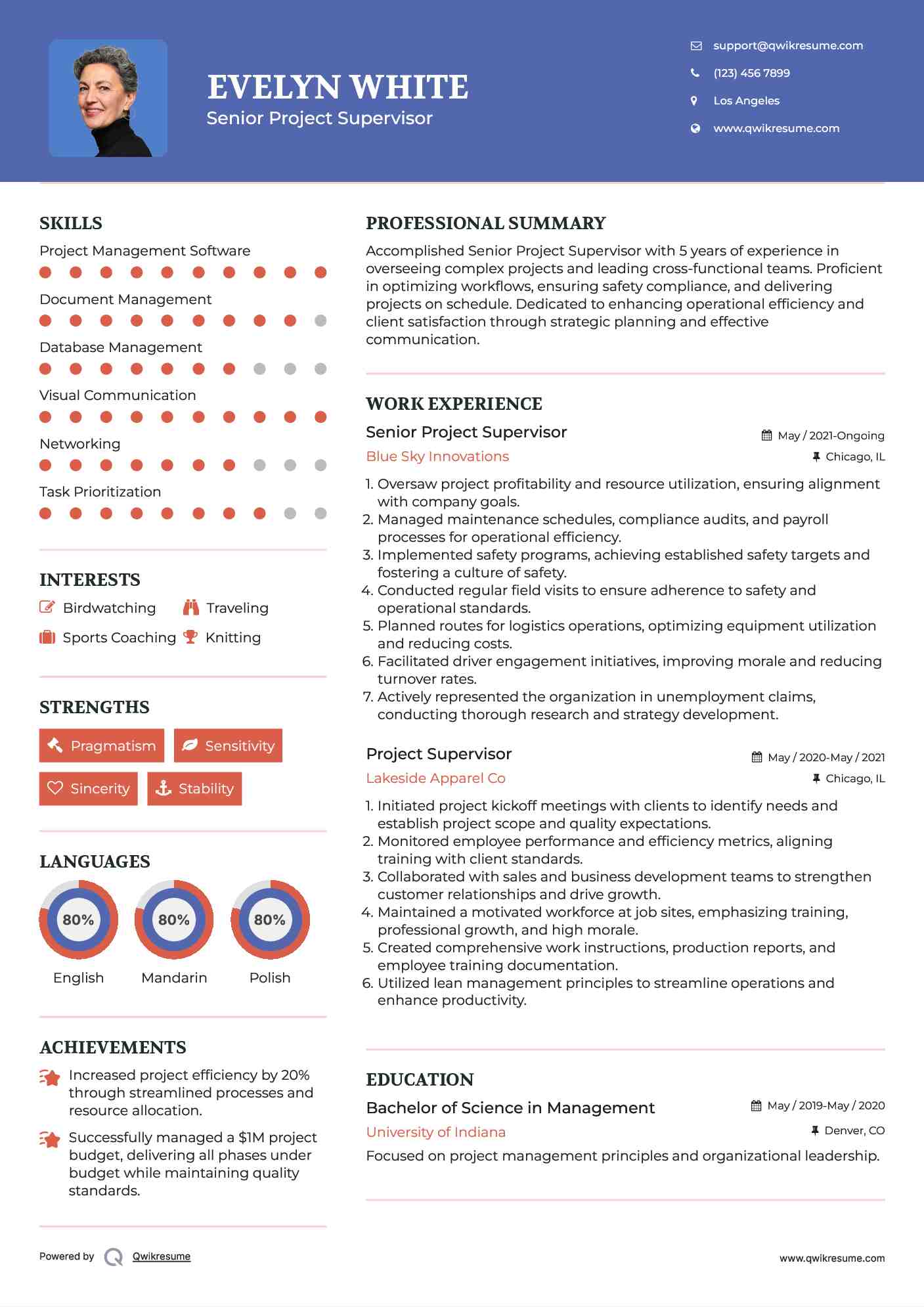 Senior Project Supervisor Resume Sample