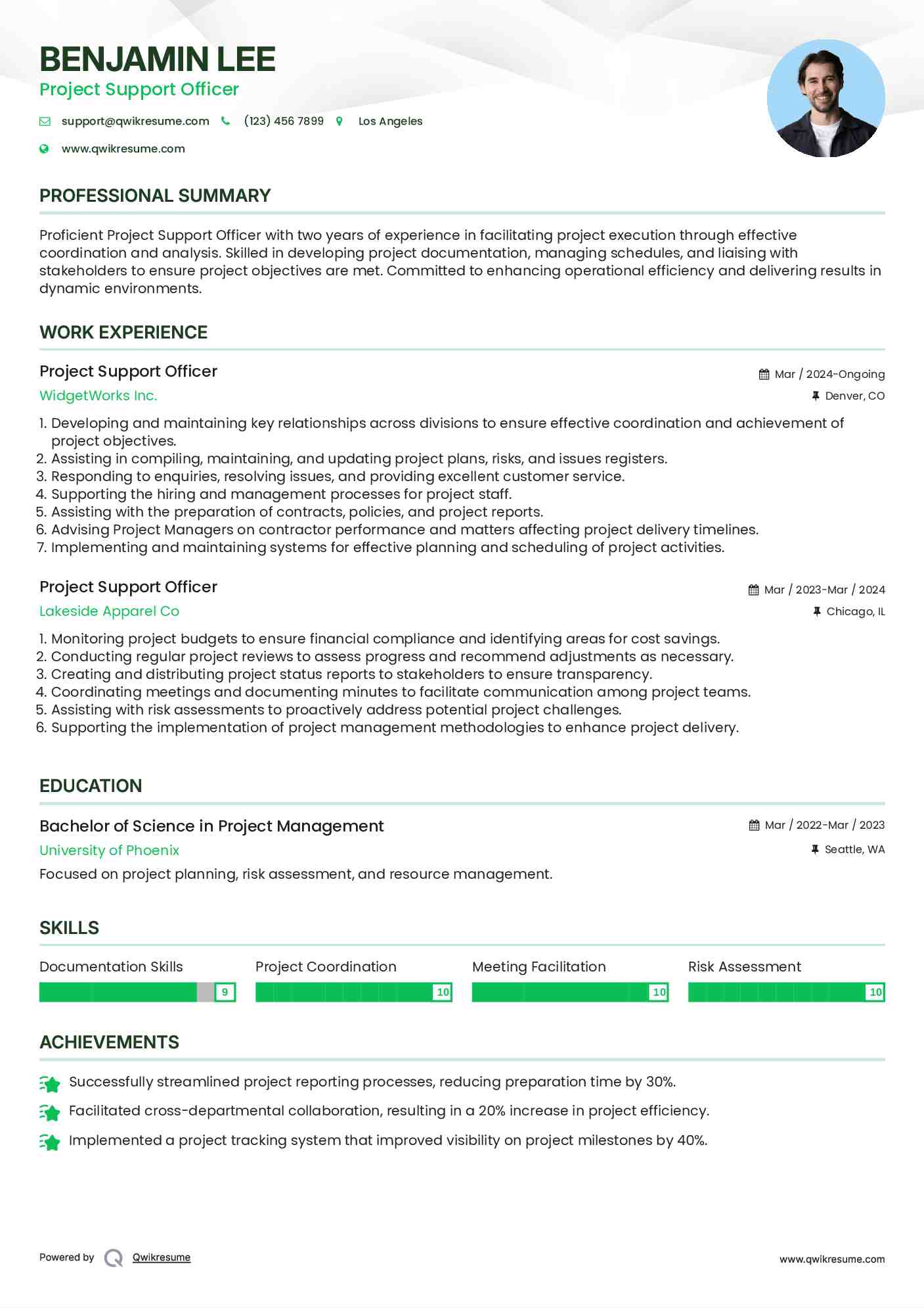 Project Support Officer Resume Example