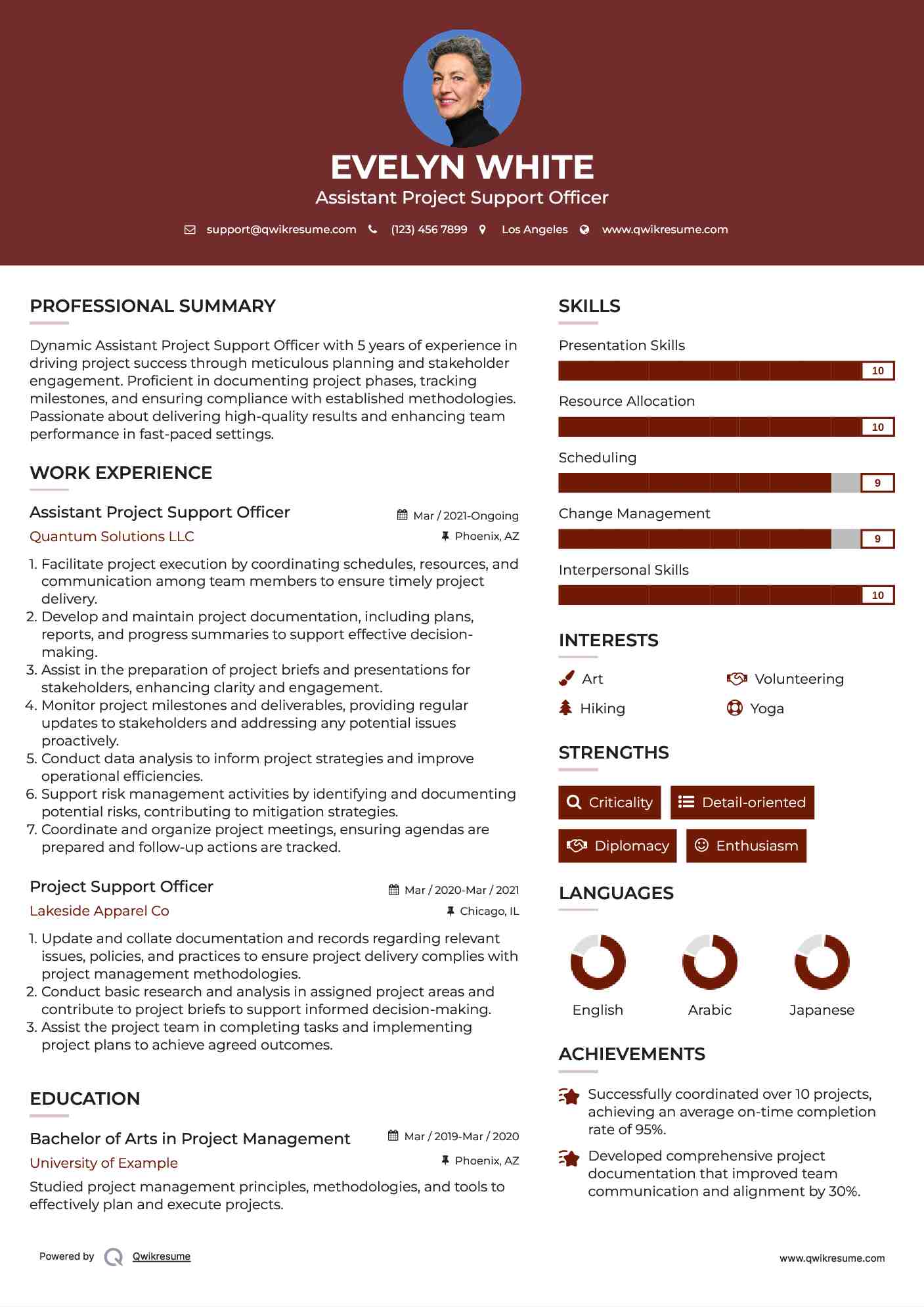 Assistant Project Support Officer Resume Template