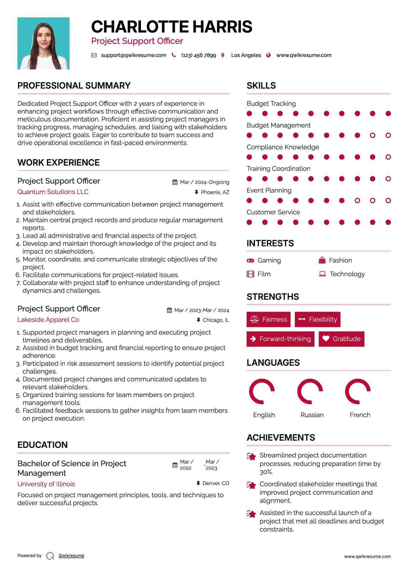 Project Support Officer Resume Sample