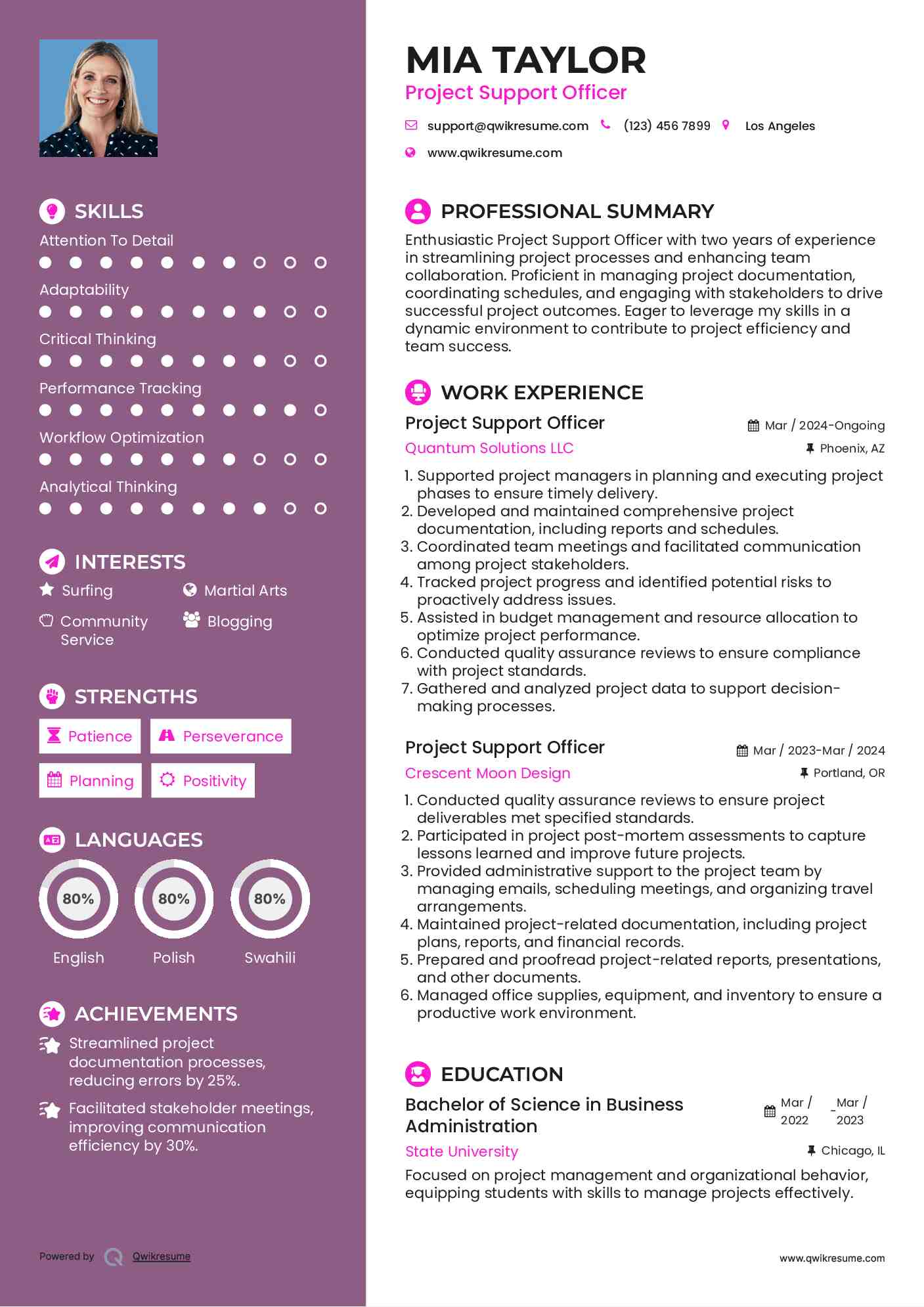 Project Support Officer Resume Sample