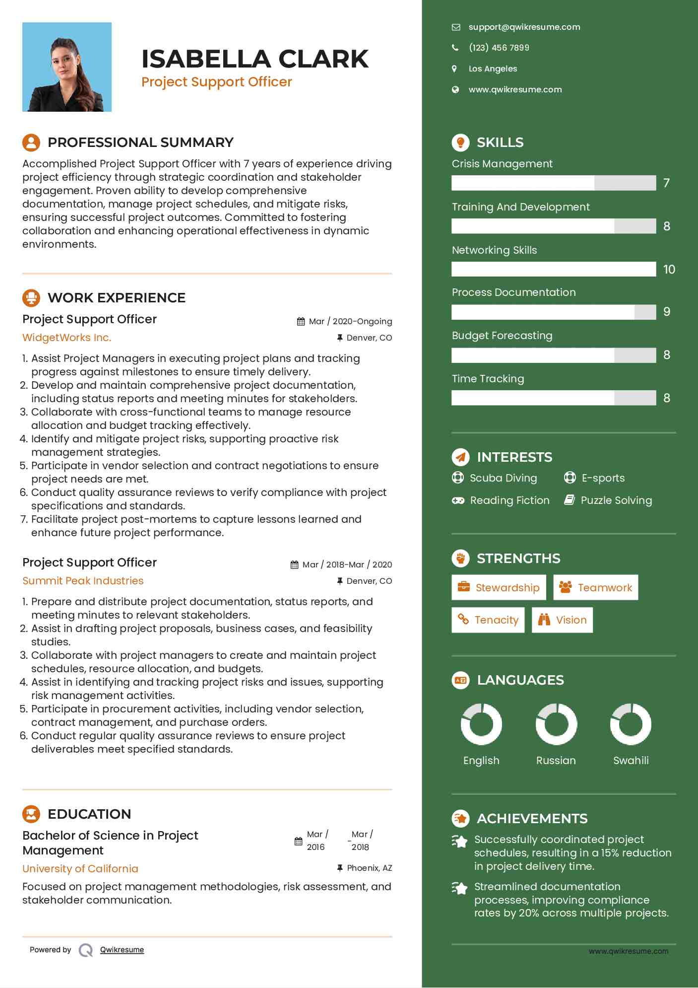 Project Support Officer Resume Example