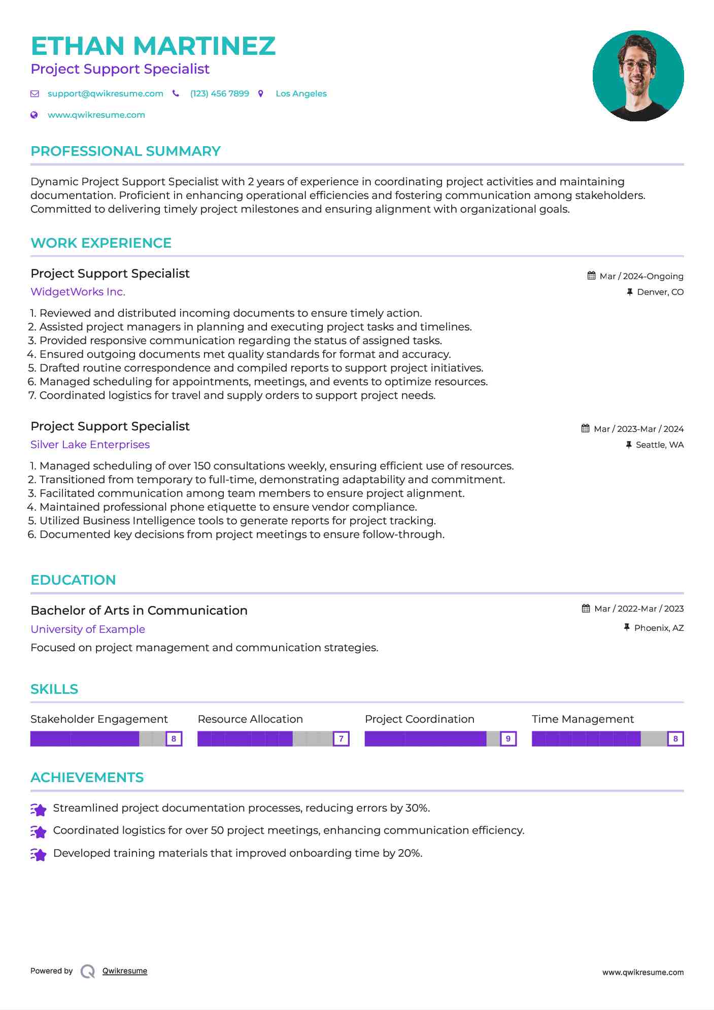 Project Support Specialist Resume Sample