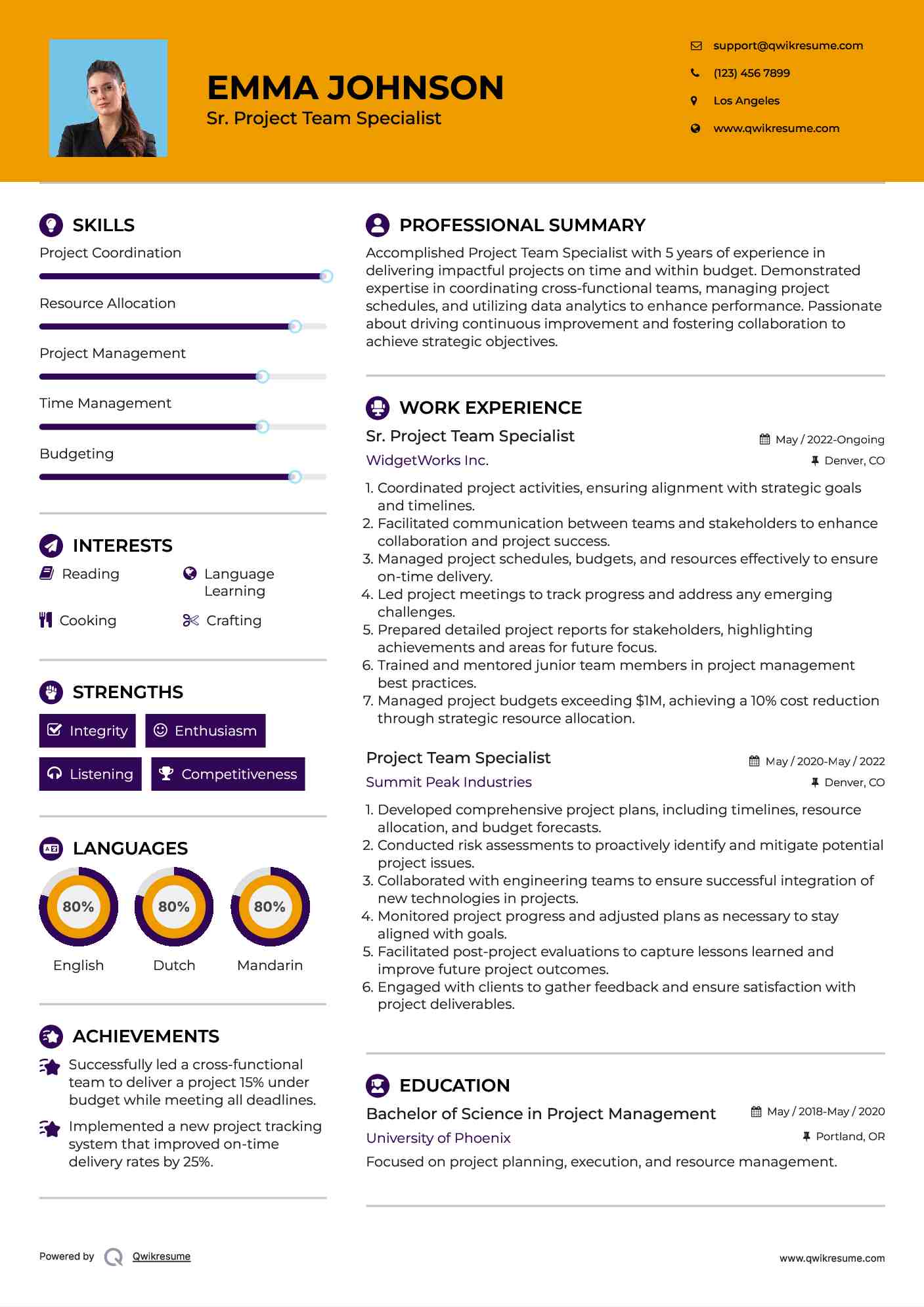 Sr. Project Team Specialist Resume Model