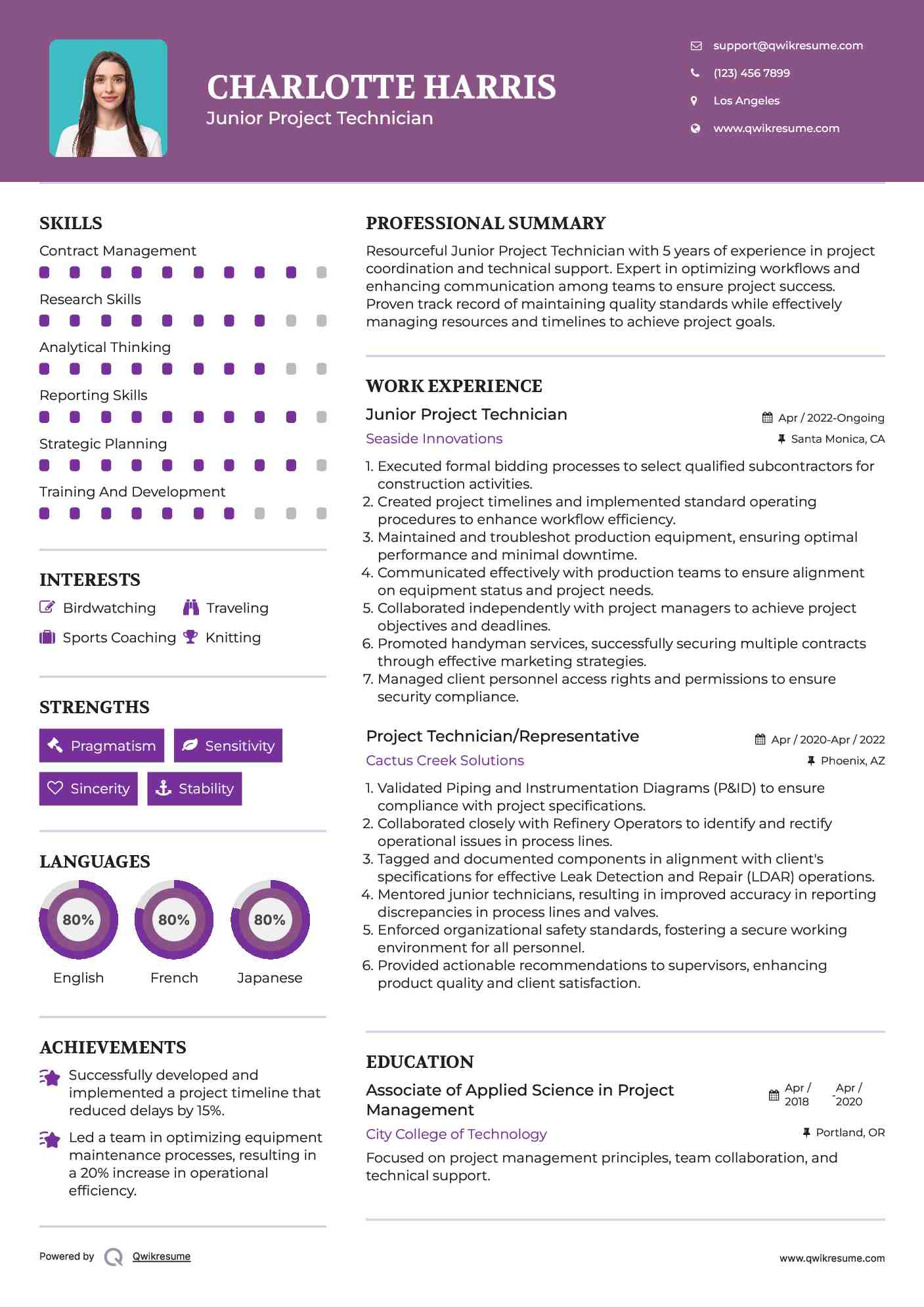 Junior Project Technician  Resume Sample