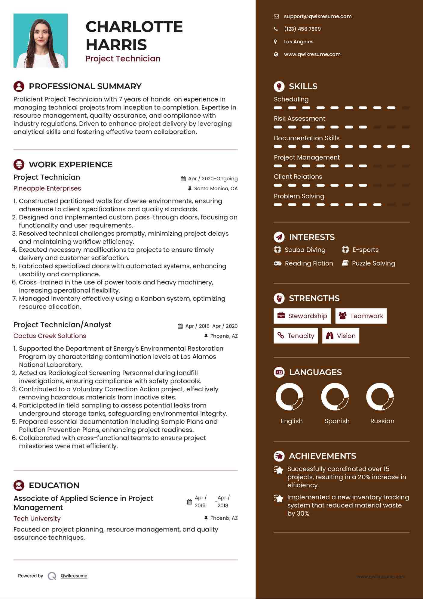 Project Technician Resume Sample