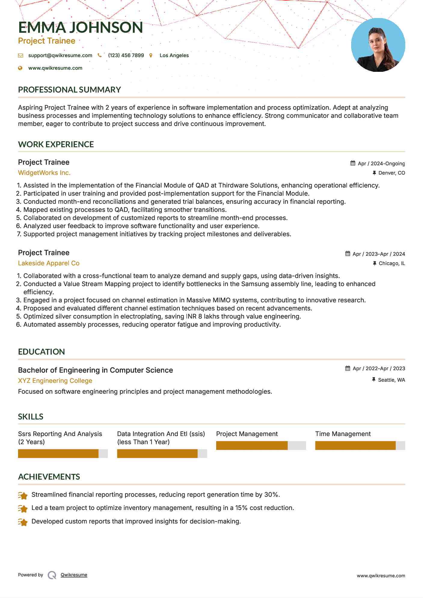 Project Trainee Resume Model