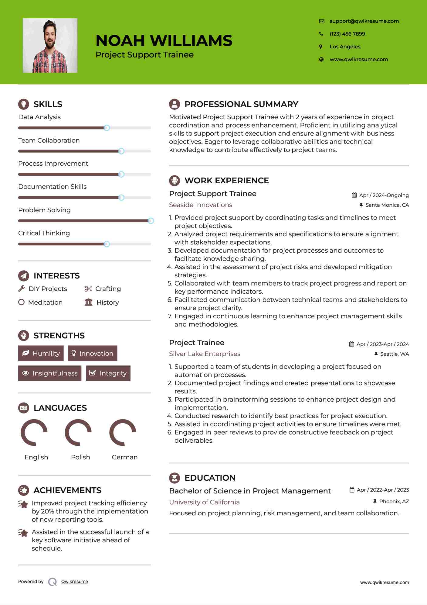 Project Support Trainee Resume Sample