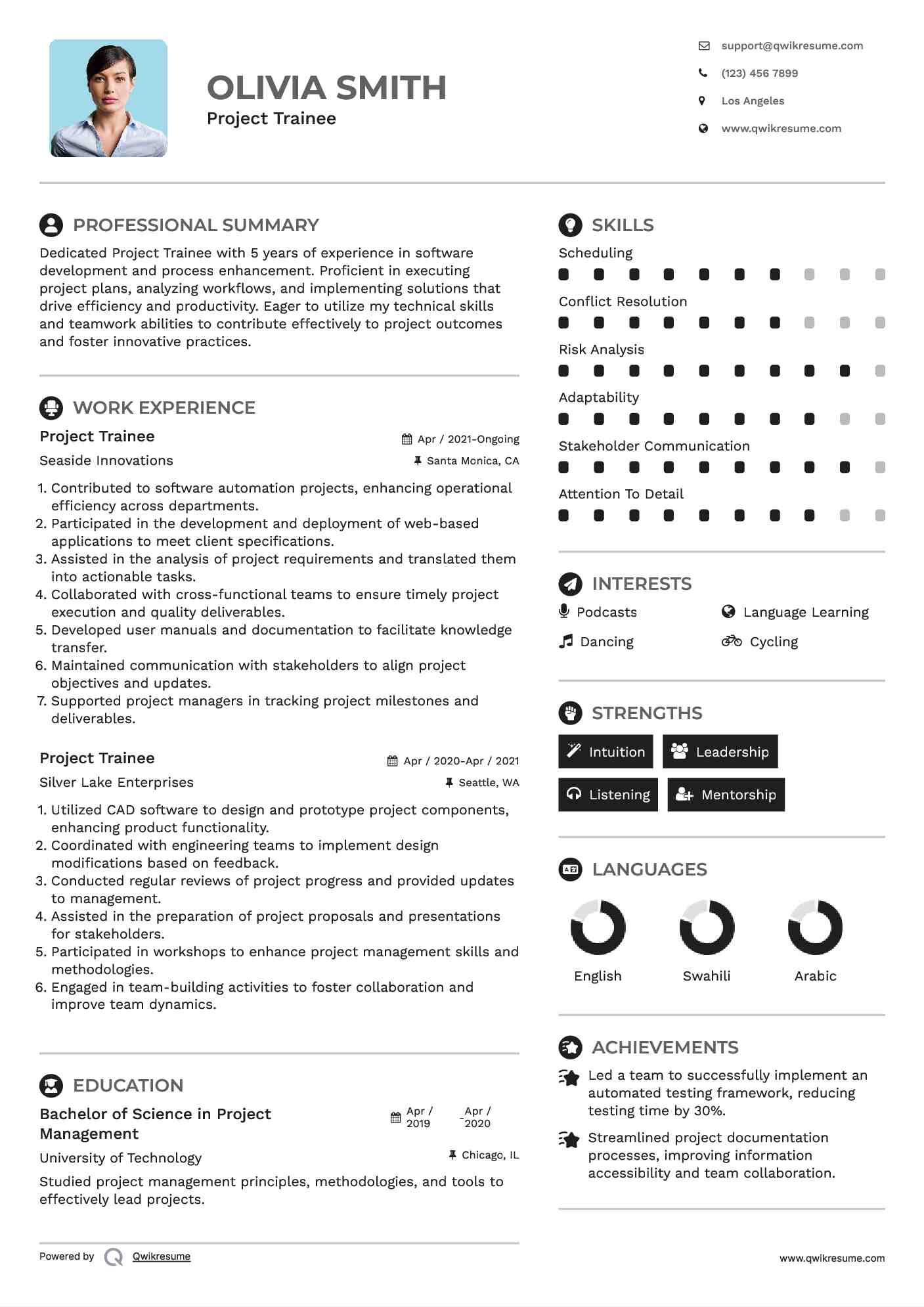 Project Trainee Resume Sample