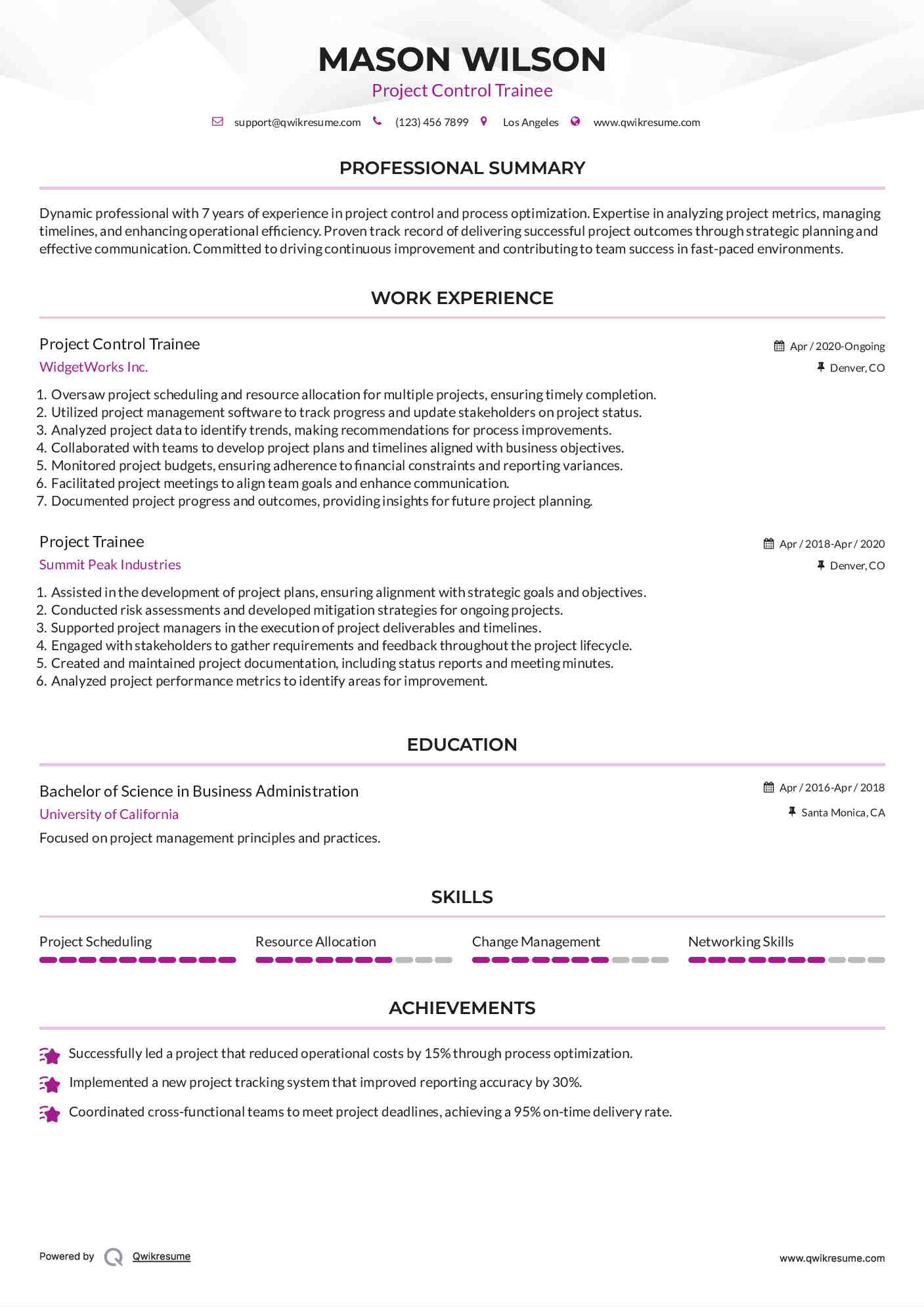 Project Control Trainee Resume Template