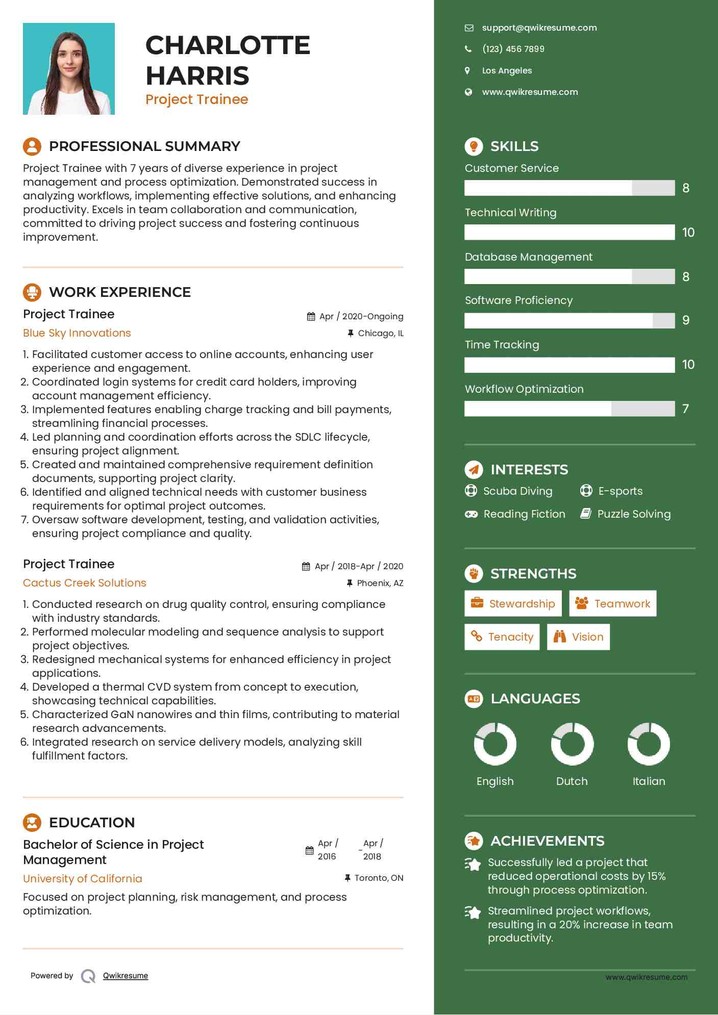 Project Trainee Resume Sample