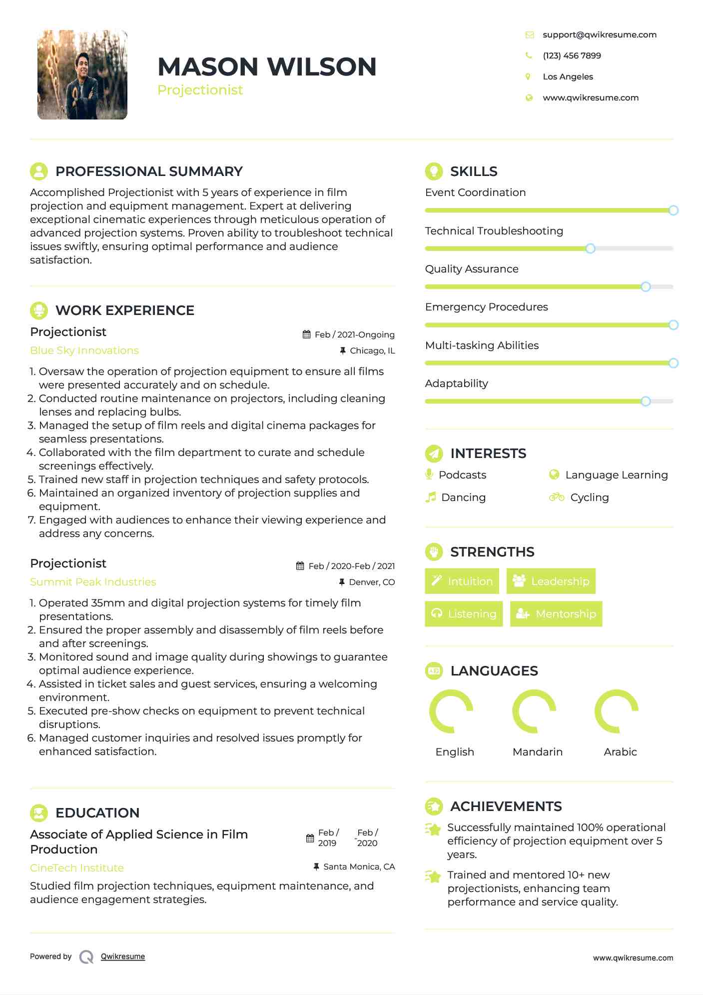 Projectionist Resume Template