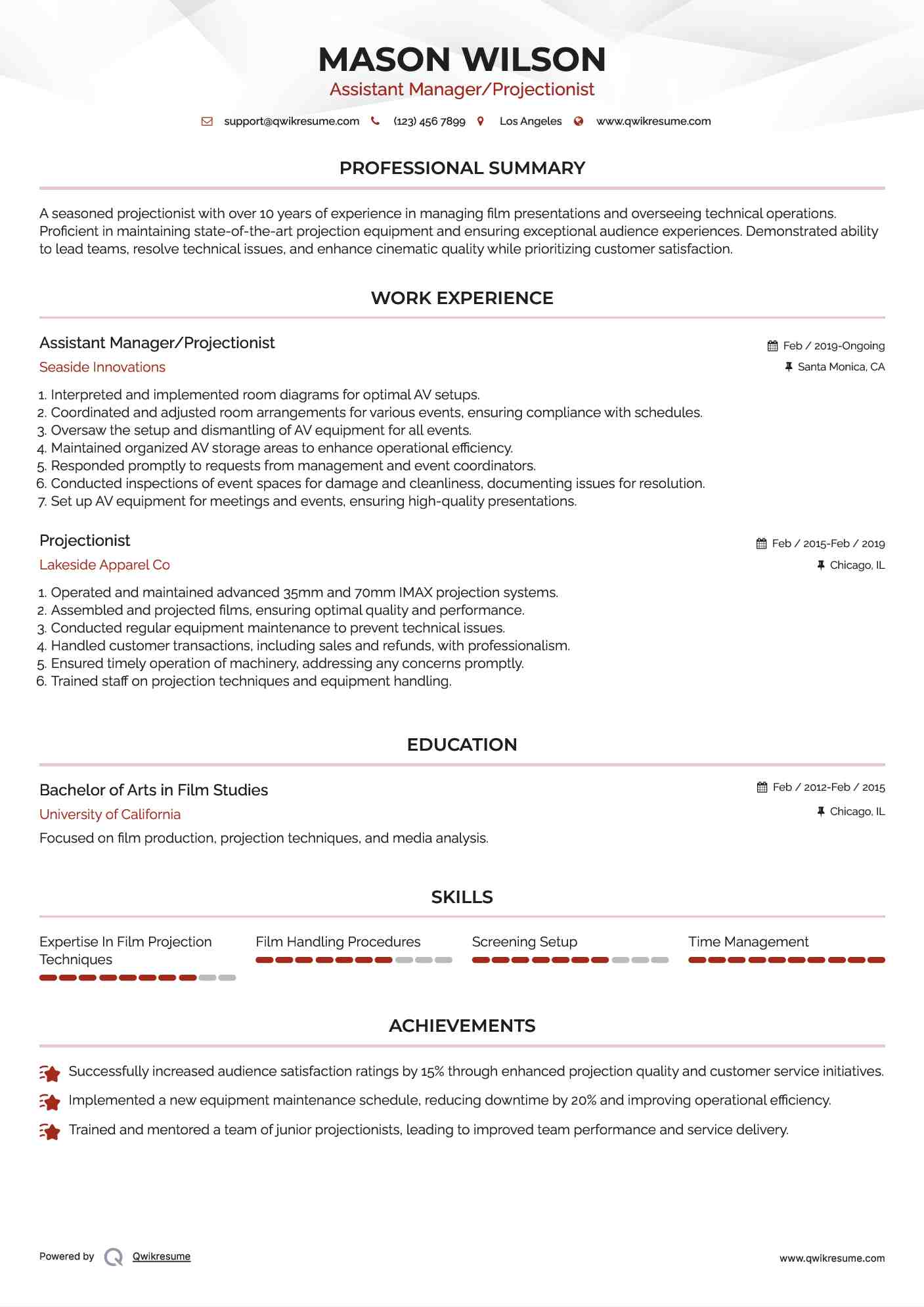 Assistant Manager/Projectionist Resume Example