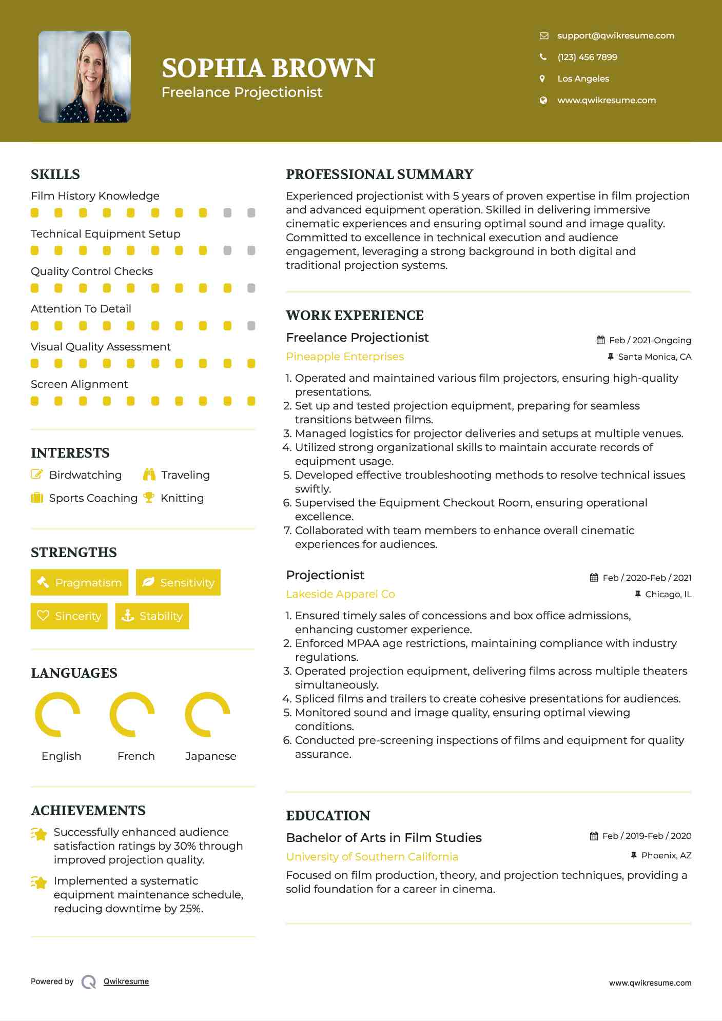 Freelance Projectionist Resume Format