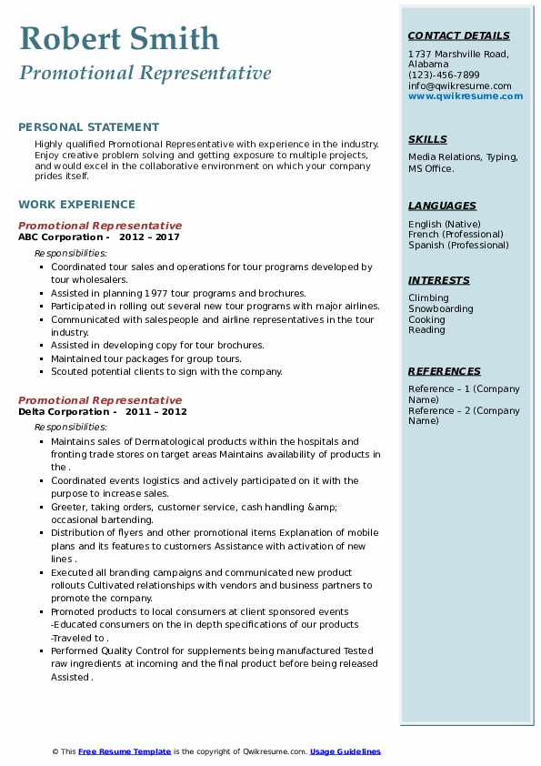 Promotional Representative Resume - Promotional Representative 1610276975 Pdf 