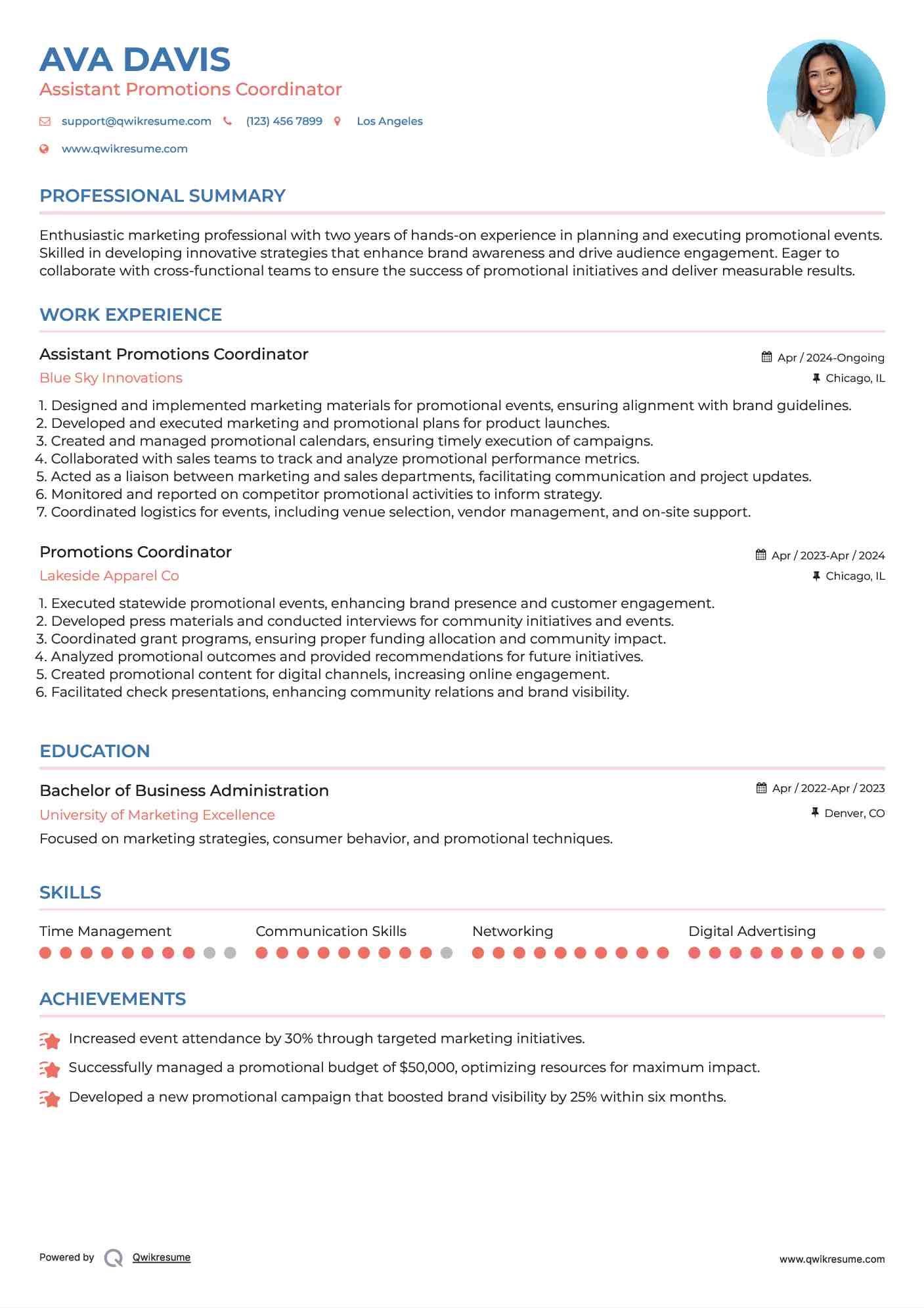 Assistant Promotions Coordinator Resume Example