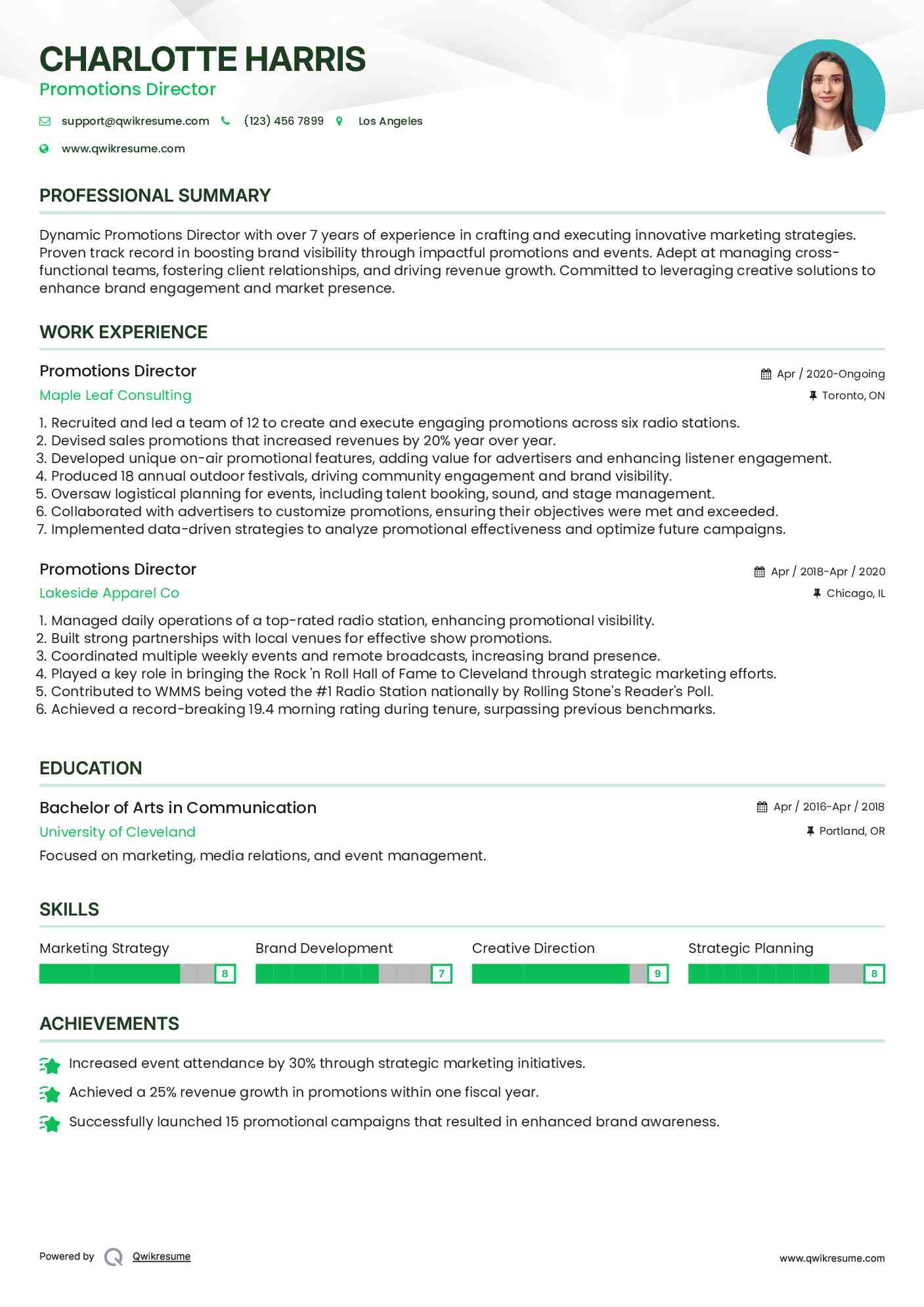 Promotions Director Resume Format
