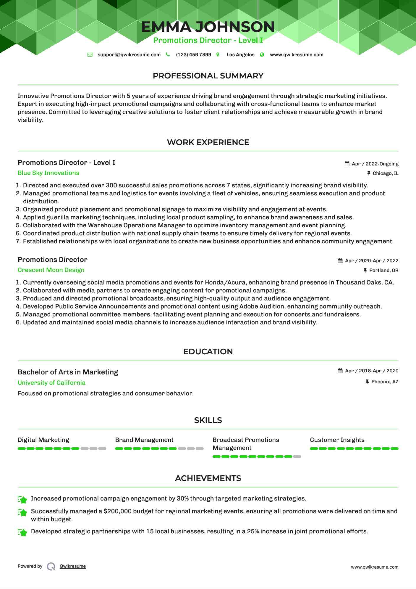 Promotions Director - Level I Resume Model
