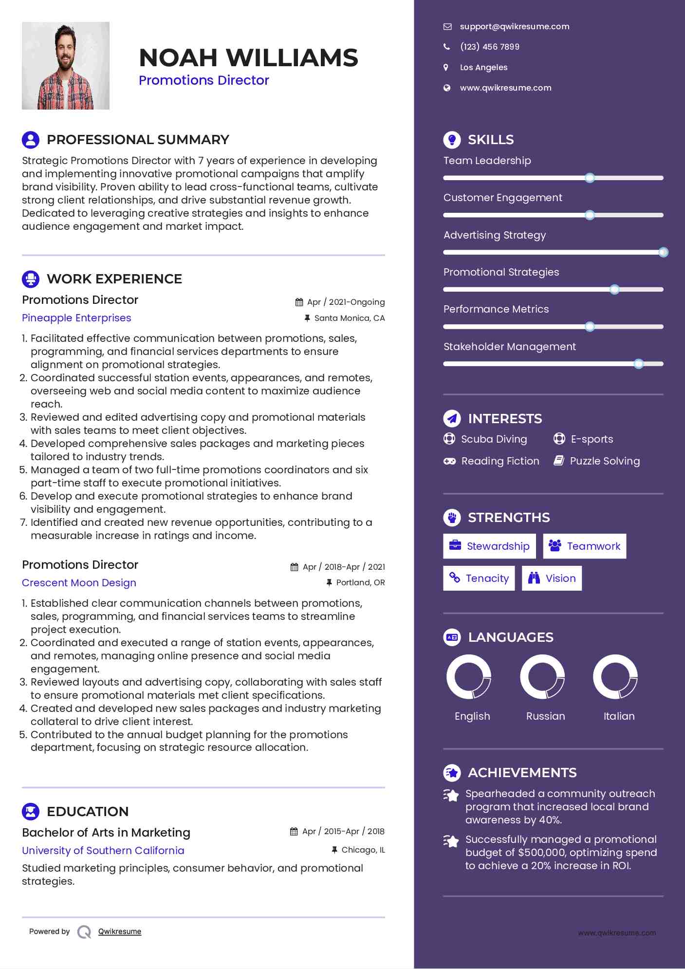 Promotions Director Resume Model