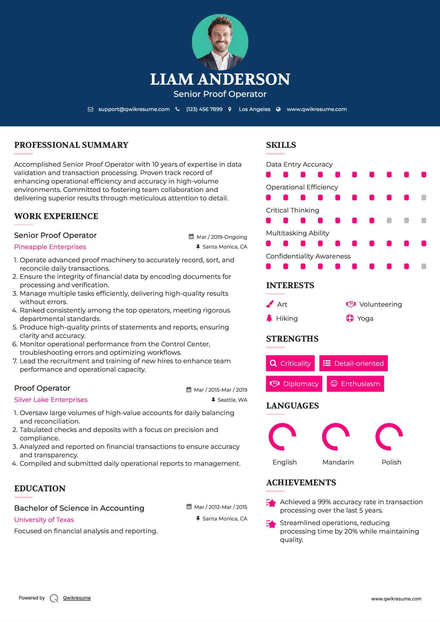 Senior Proof Operator Resume Model