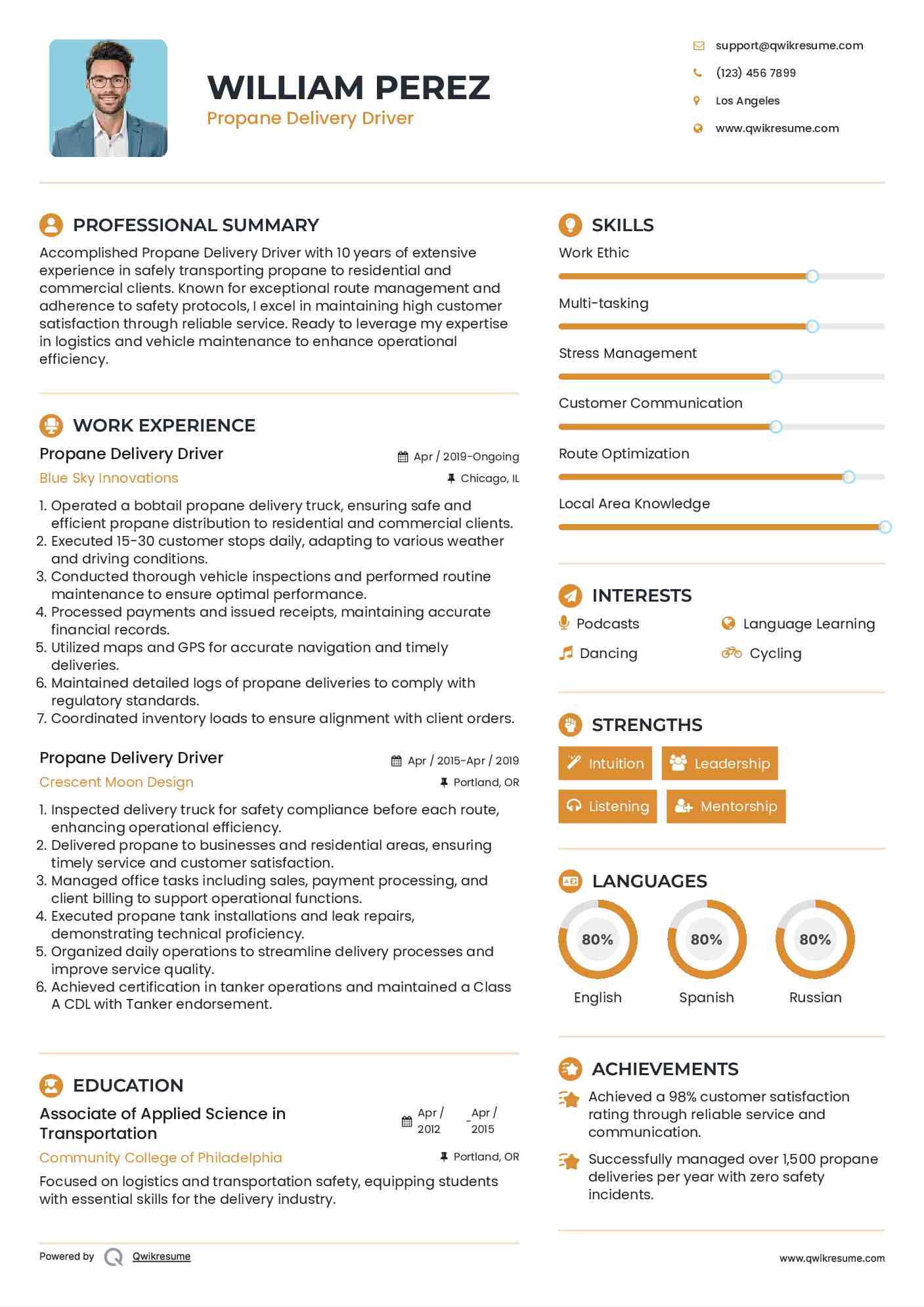 Propane Delivery Driver Resume Sample