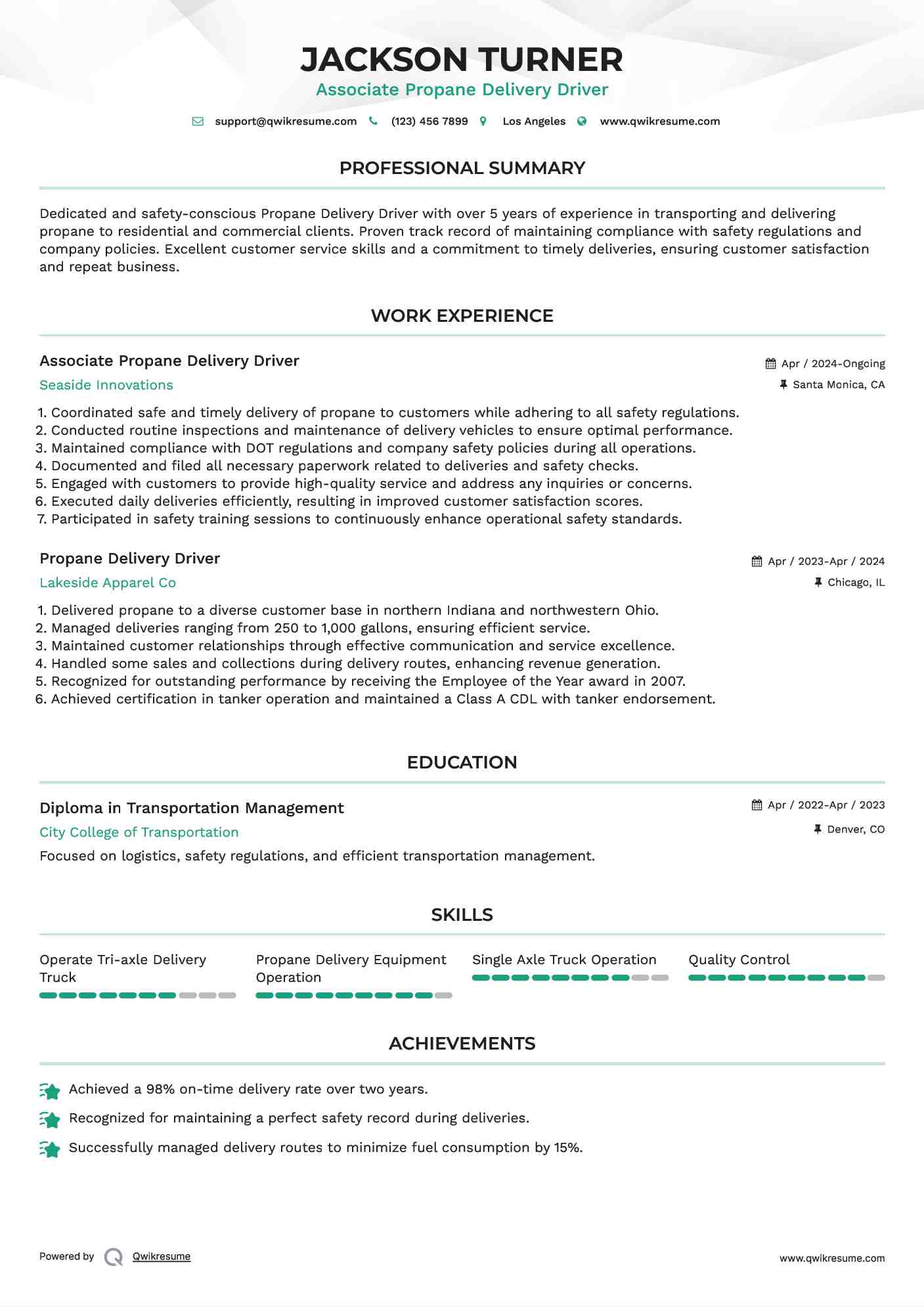 Associate Propane Delivery Driver Resume Template