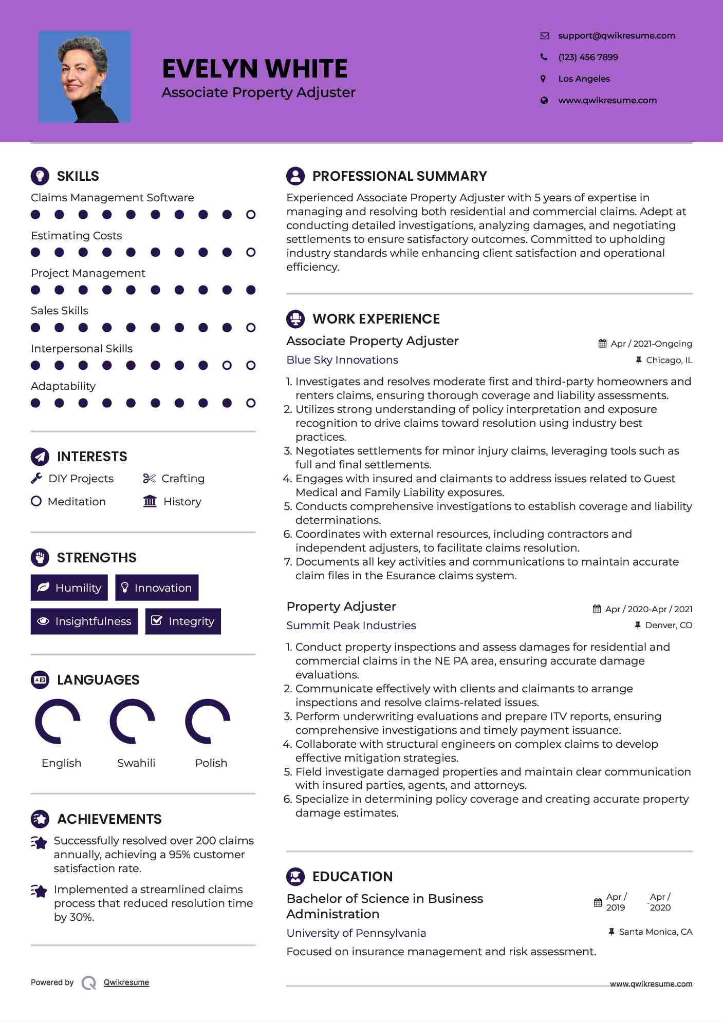 Associate Property Adjuster  Resume Model