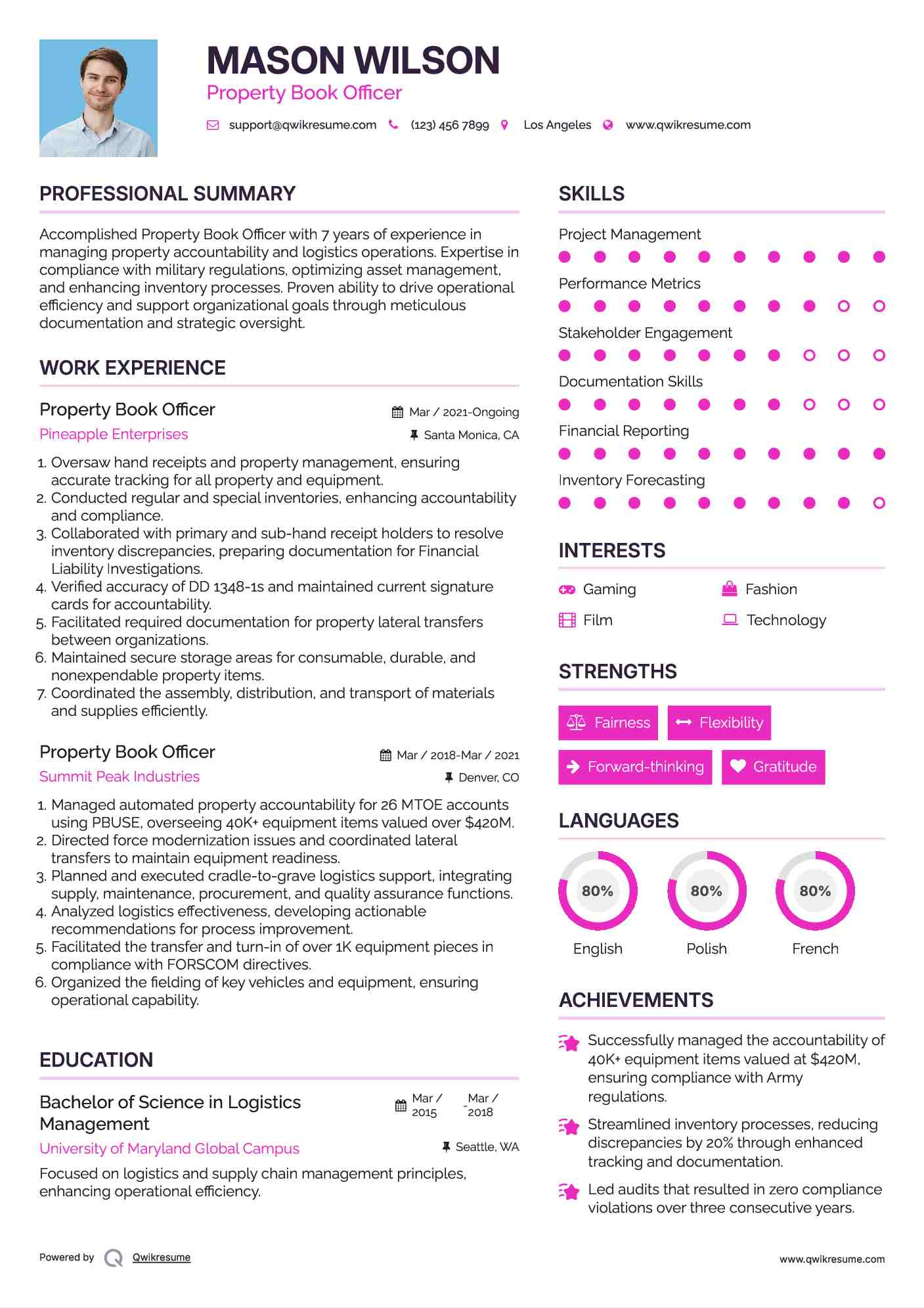Property Book Officer Resume Model