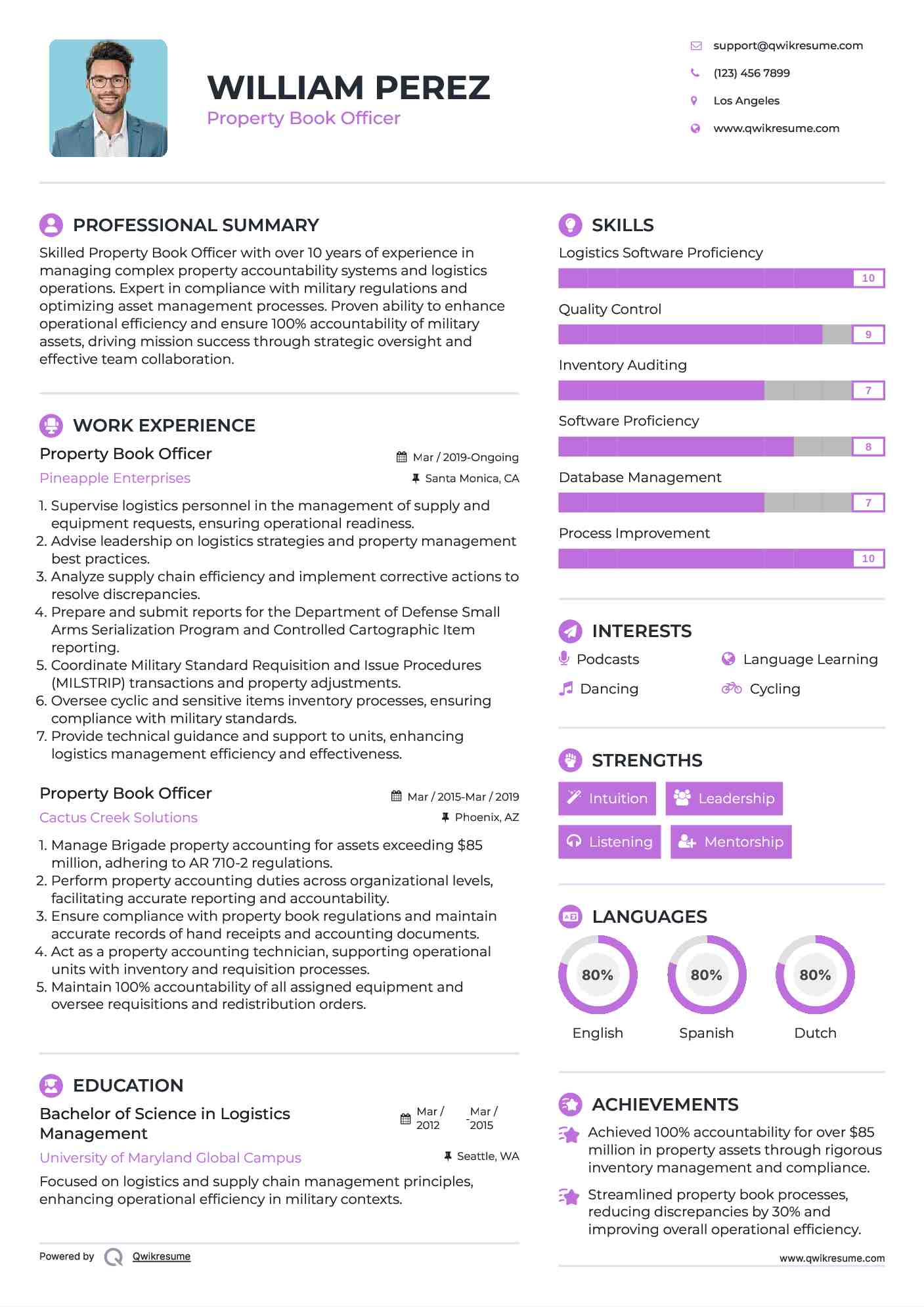 Property Book Officer Resume Template