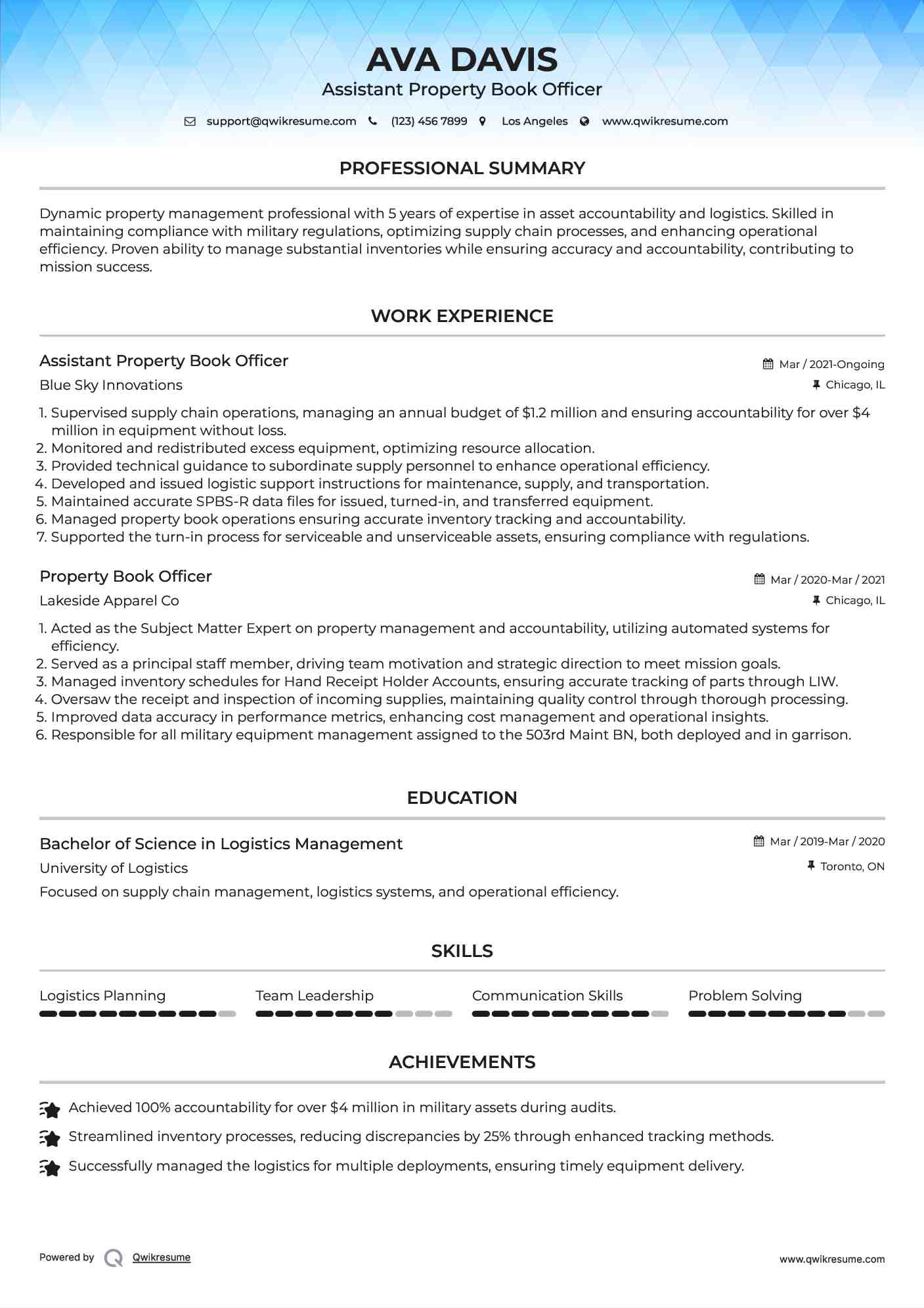 Assistant Property Book Officer Resume Model