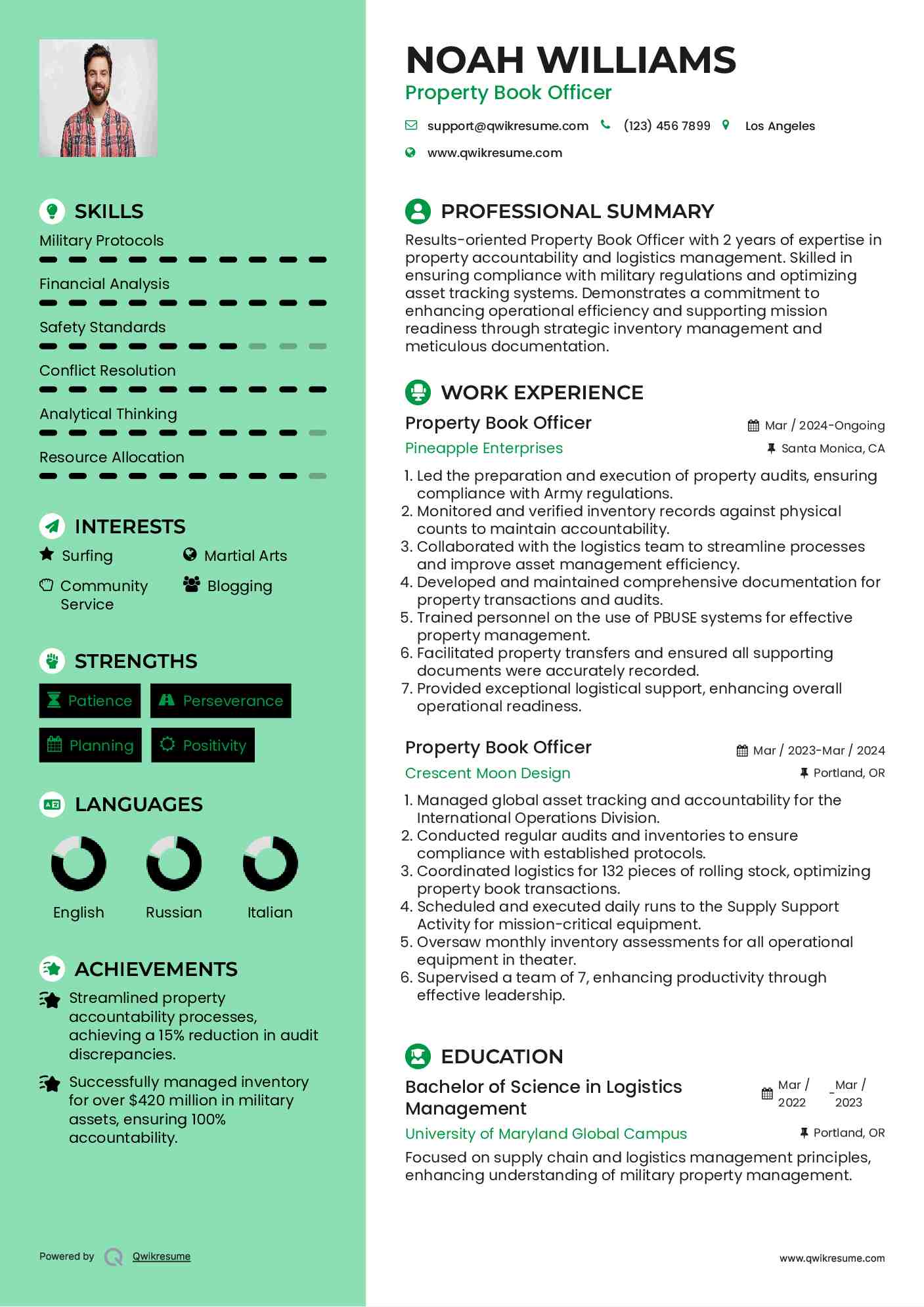 Property Book Officer Resume Sample