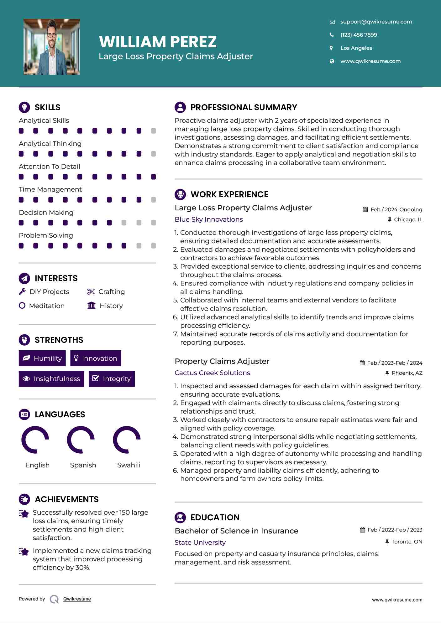 Large Loss Property Claims Adjuster
 Resume Template