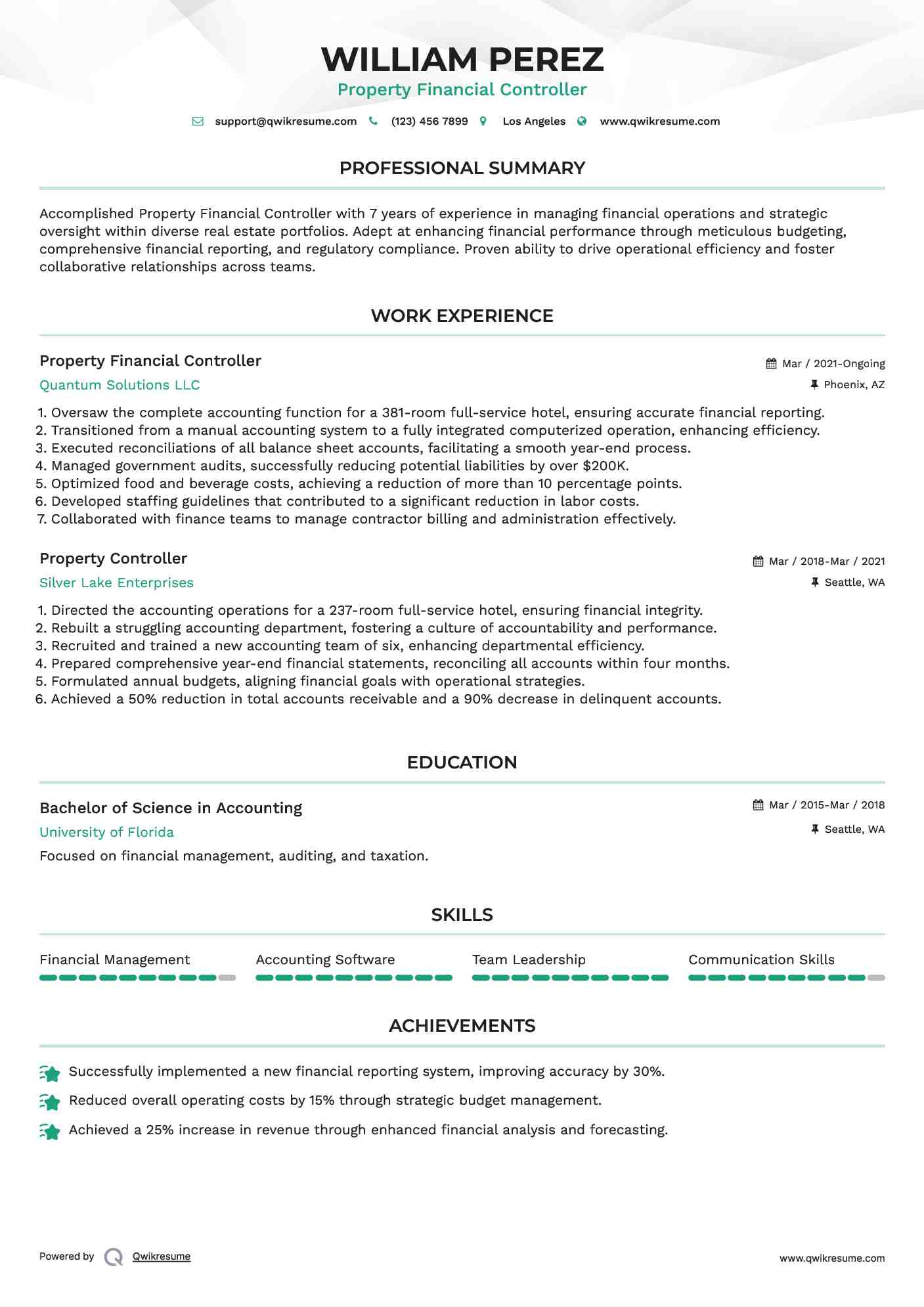 Property Financial Controller Resume Model