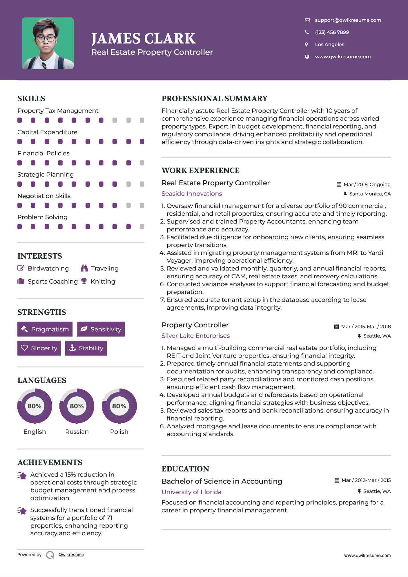 Real Estate Property Controller Resume Sample