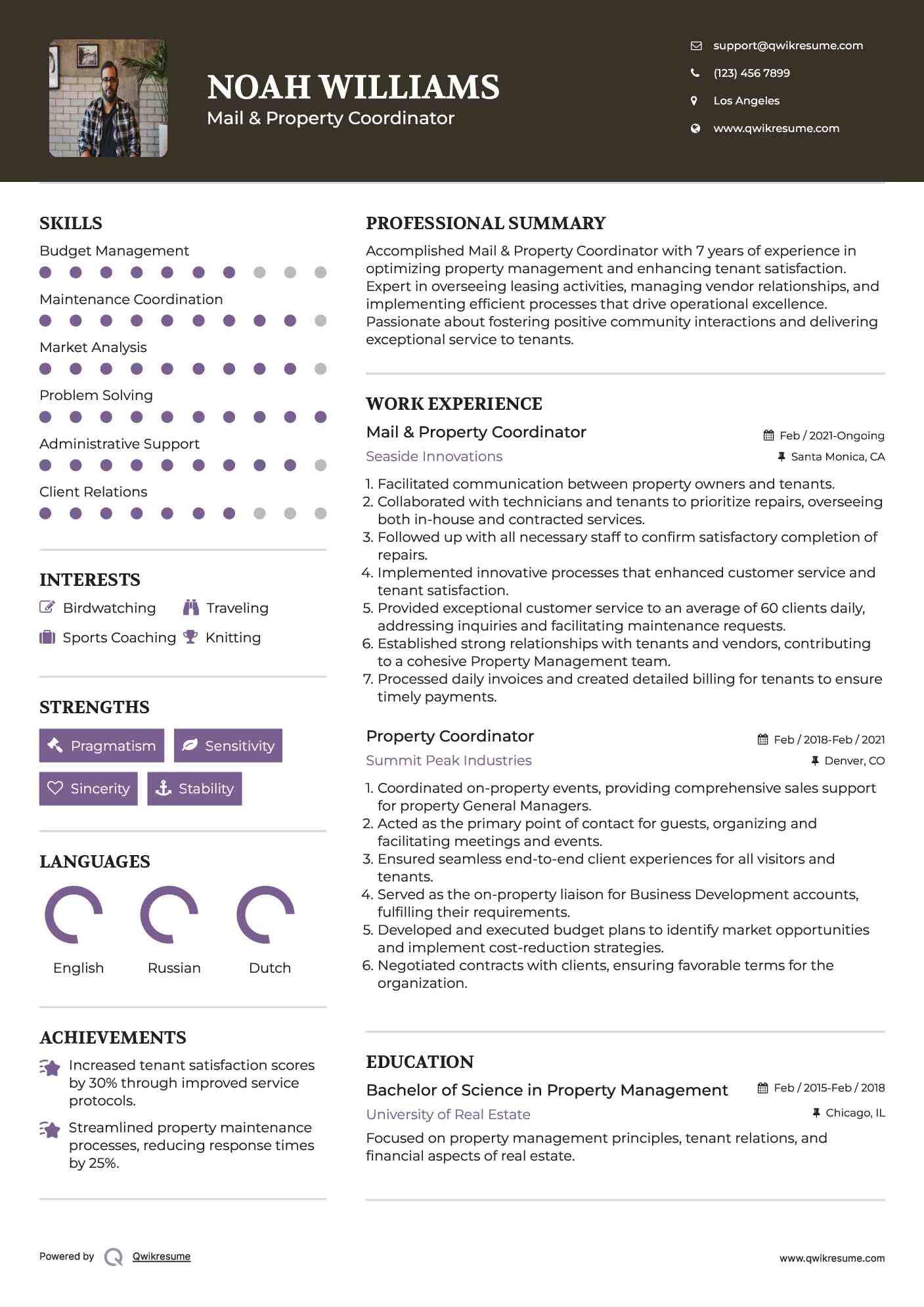 Mail & Property Coordinator Resume Example