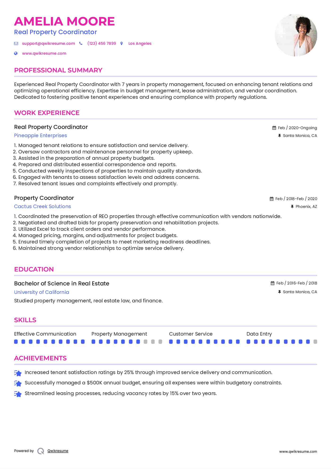 Real Property Coordinator Resume Example