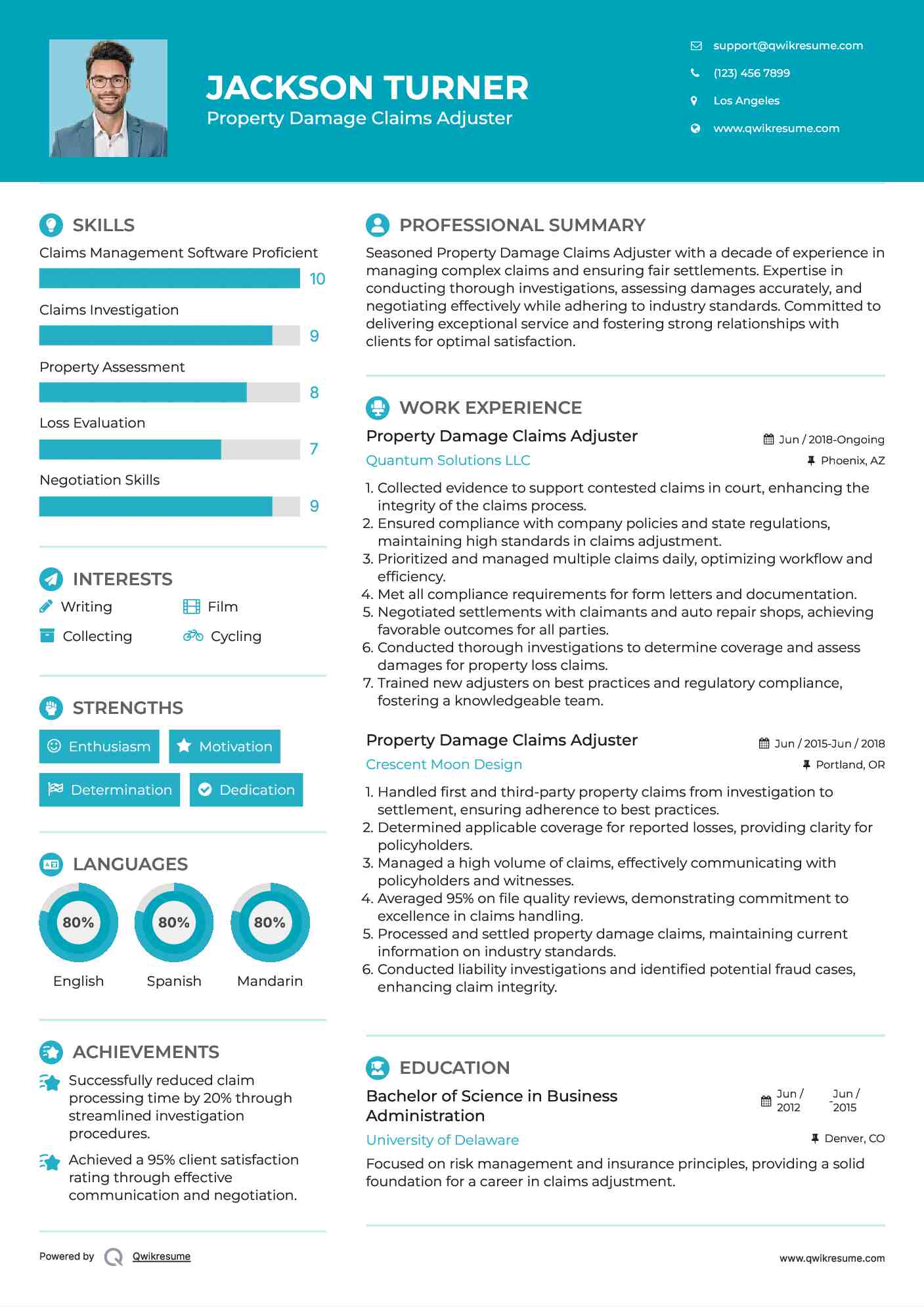 Property Damage Claims Adjuster Resume Sample